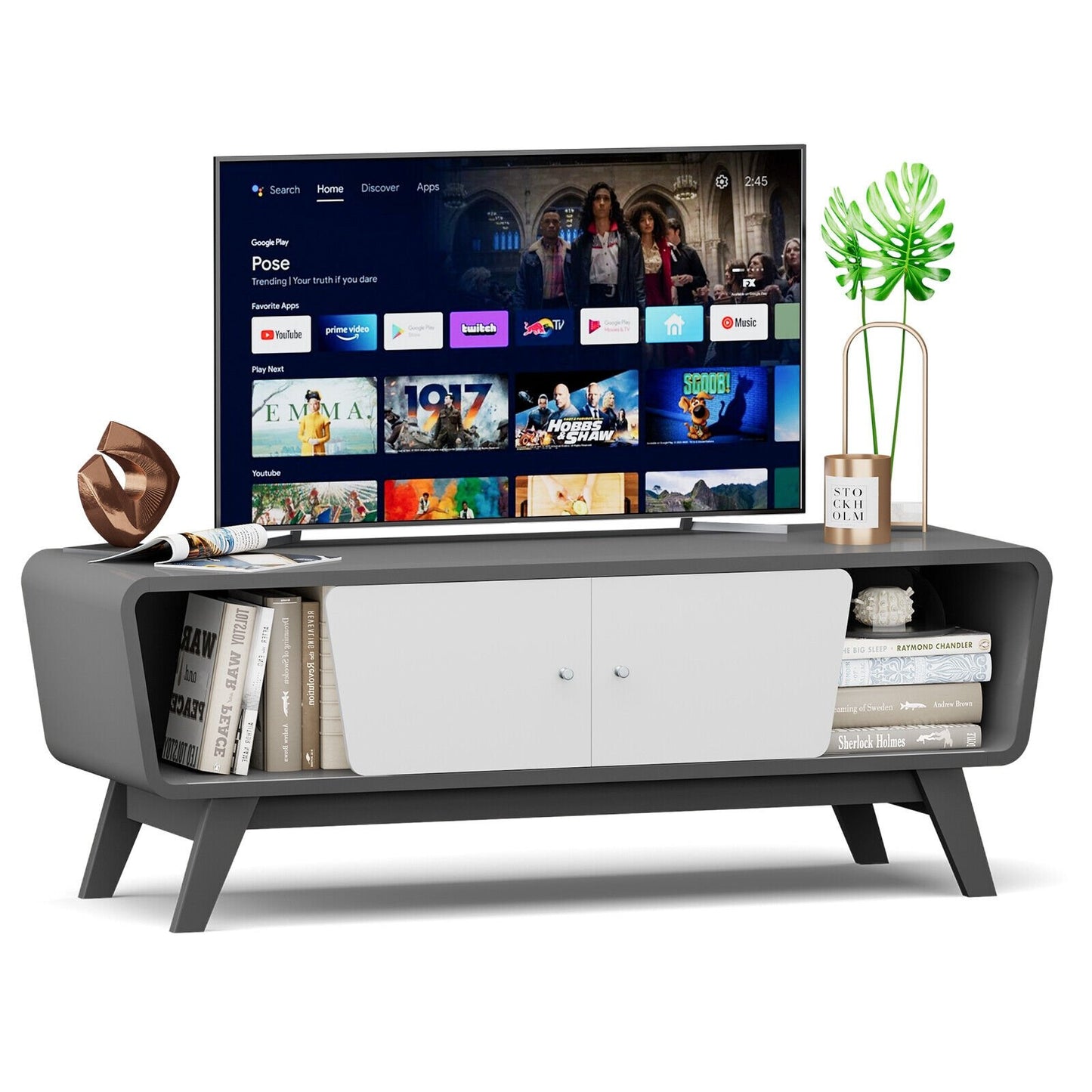 Mid Century TV Stand for TVs up to 55 Inch Media Console Table Sliding Door, Gray - Gallery Canada