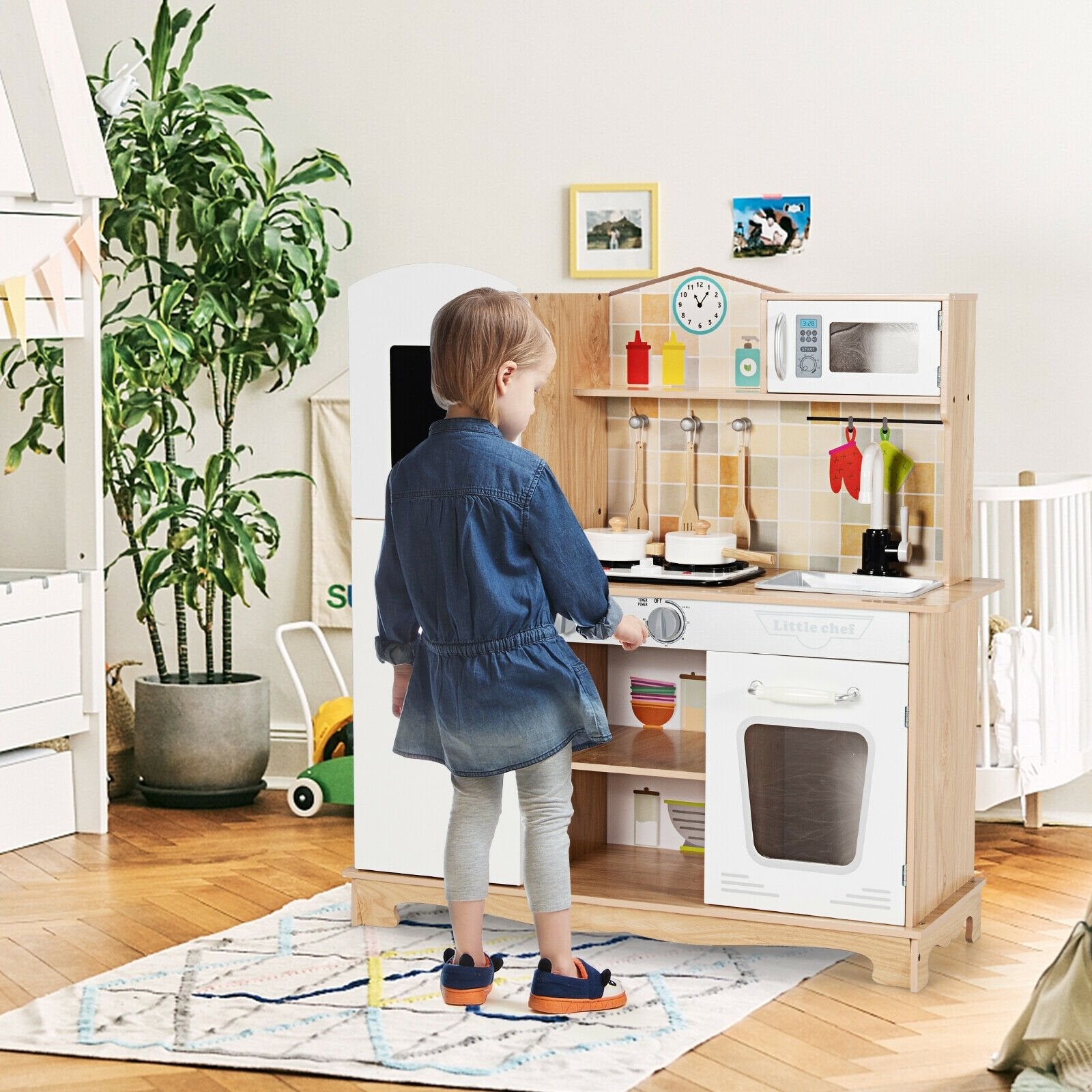 Wooden Kids Pretend Kitchen Playset Cooking Play Toy with Utensils and Sound, White Play Kitchen Sets   at Gallery Canada