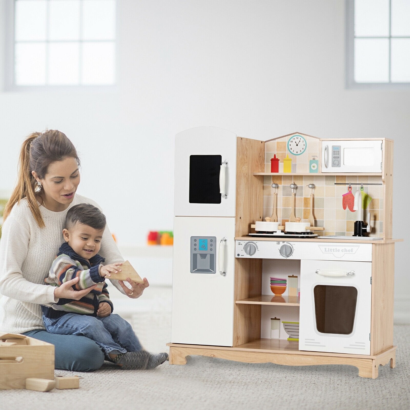 Wooden Kids Pretend Kitchen Playset Cooking Play Toy with Utensils and Sound, White Play Kitchen Sets   at Gallery Canada