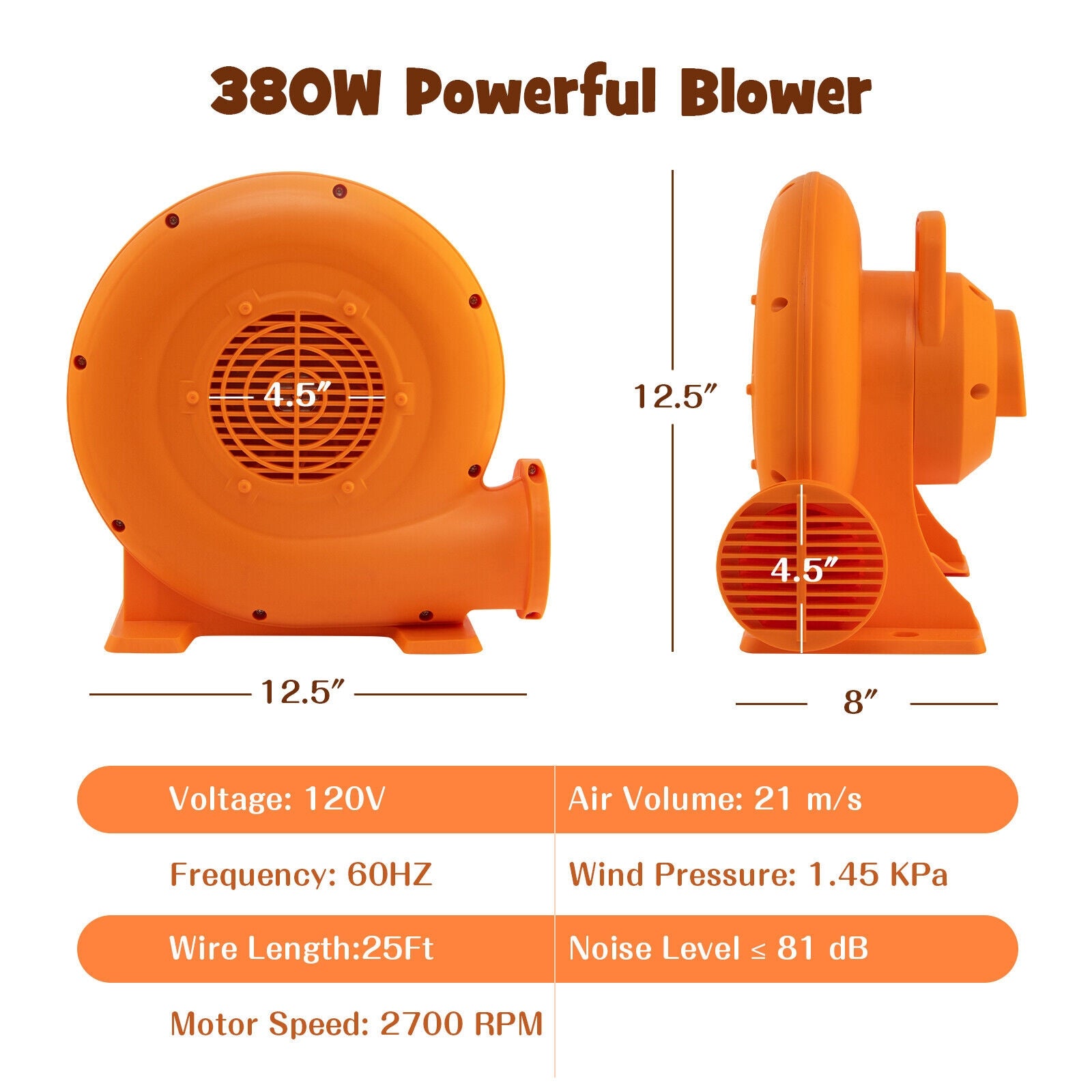 380W Air Blower for Inflatables with 25 feet Wire and GFCI Plug-380W, Orange Air Blowers at Gallery Canada