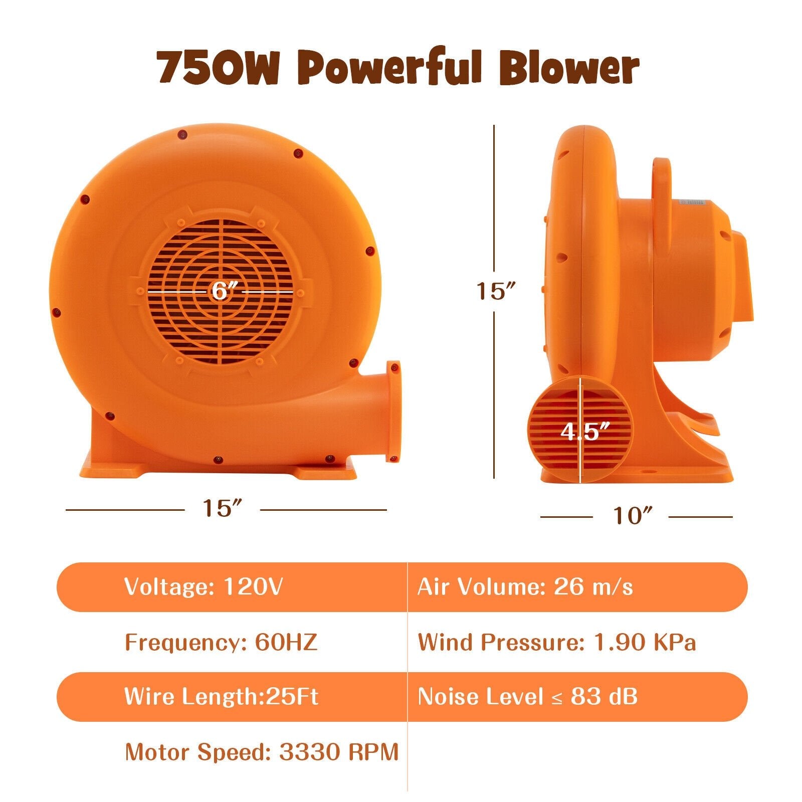 750W/550W/380W Air Blower for Inflatables with 25 feet Wire and GFCI Plug-750W, Orange Air Blowers   at Gallery Canada