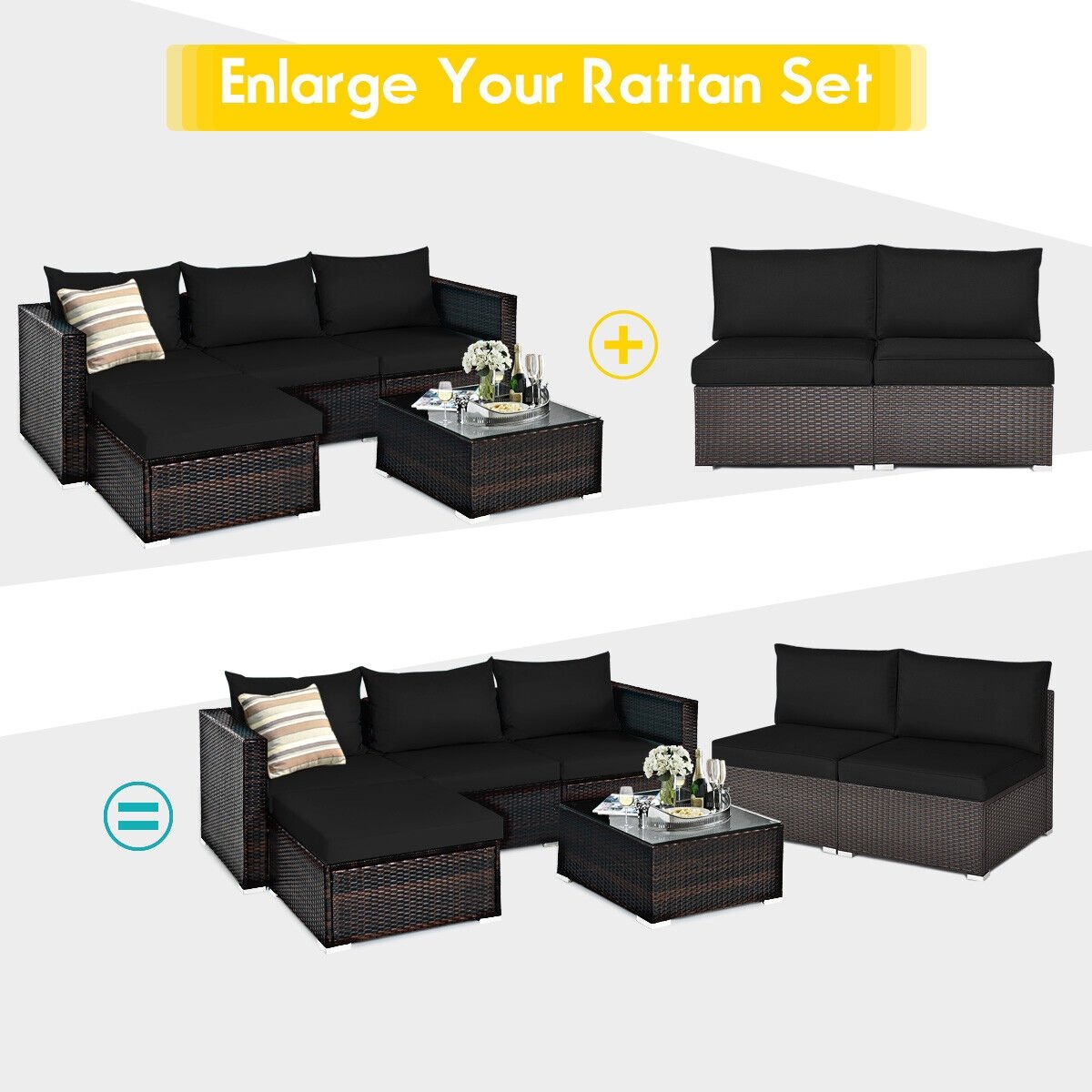 2 Pieces Patio Rattan Armless Sofa Set with 2 Cushions and 2 Pillows, Black Outdoor Sectionals   at Gallery Canada