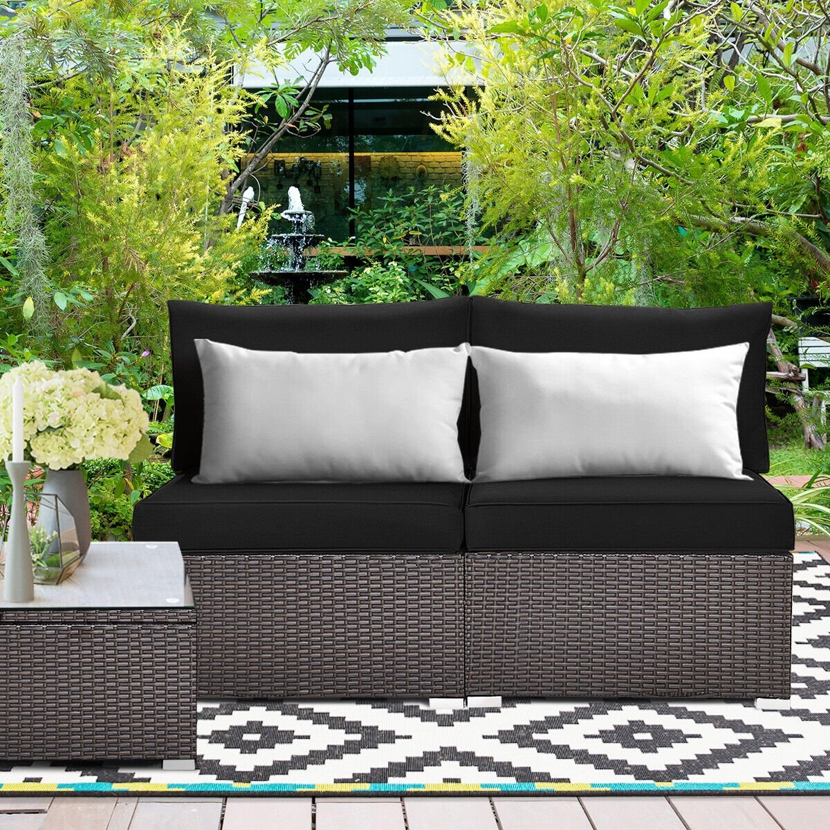 2 Pieces Patio Rattan Armless Sofa Set with 2 Cushions and 2 Pillows, Black Outdoor Sectionals   at Gallery Canada