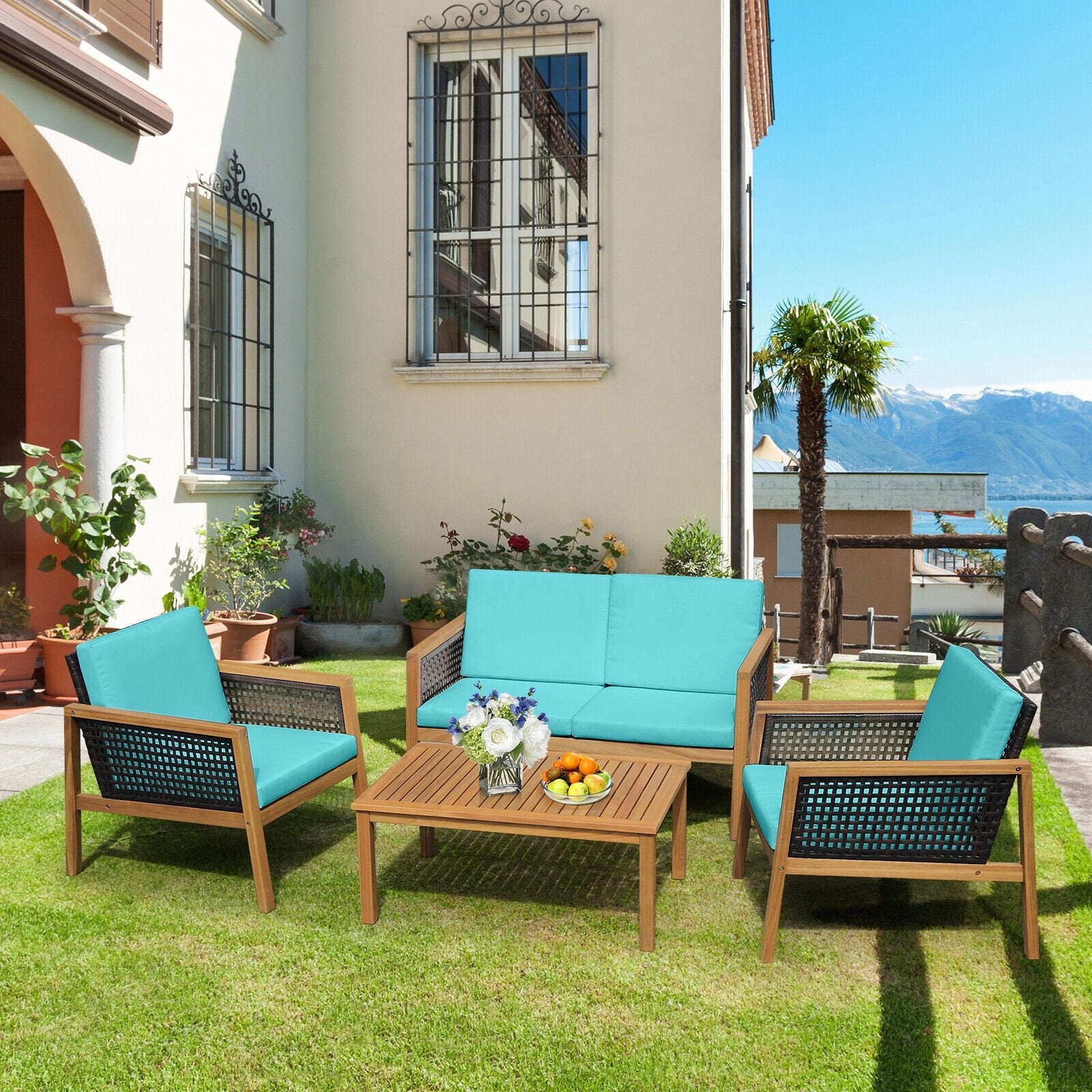 4 Pieces Patio Rattan Furniture Set with Removable Cushions, Turquoise Patio Conversation Sets   at Gallery Canada