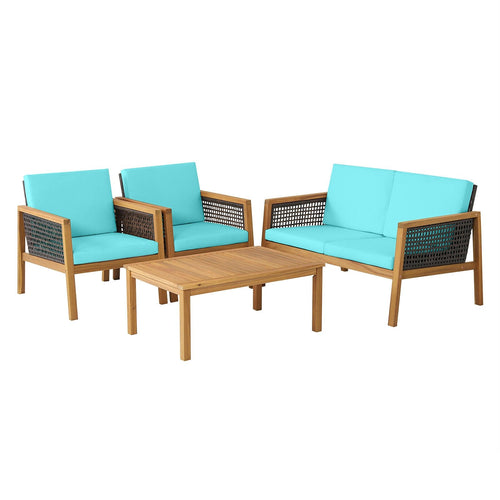 4 Pieces Patio Rattan Furniture Set with Removable Cushions, Turquoise