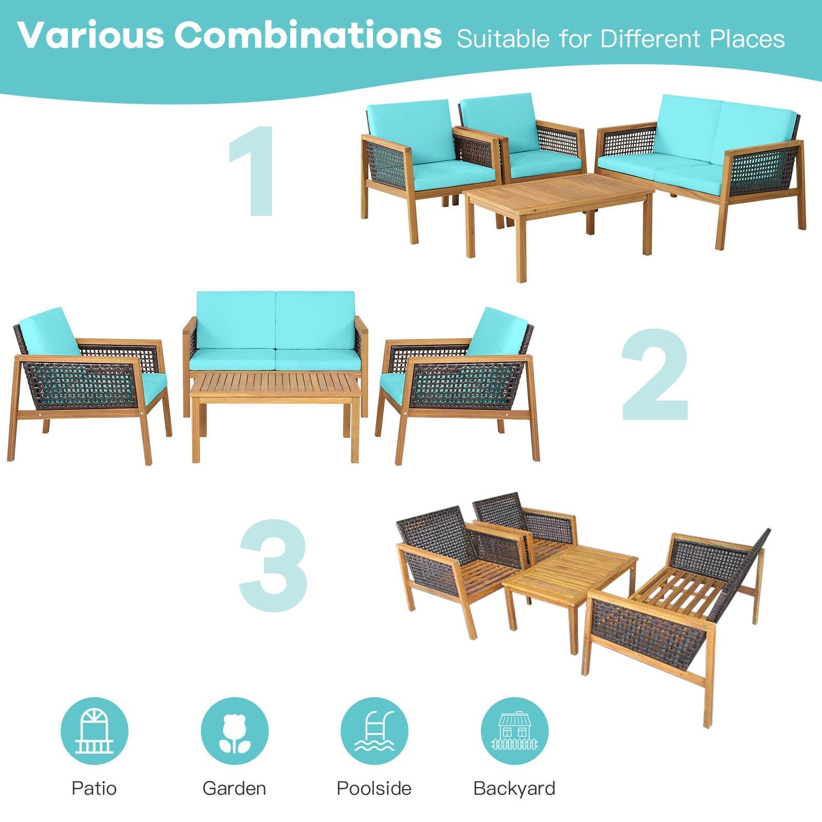 4 Pieces Patio Rattan Furniture Set with Removable Cushions, Turquoise Patio Conversation Sets   at Gallery Canada