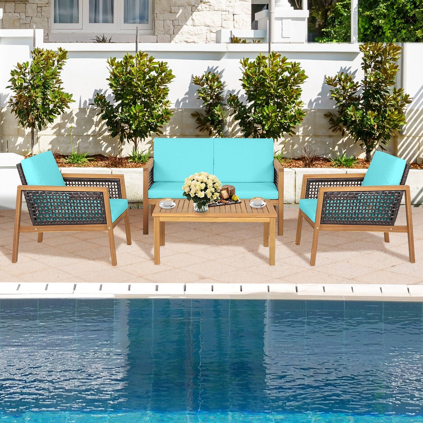 4 Pieces Patio Rattan Furniture Set with Removable Cushions, Turquoise Patio Conversation Sets   at Gallery Canada