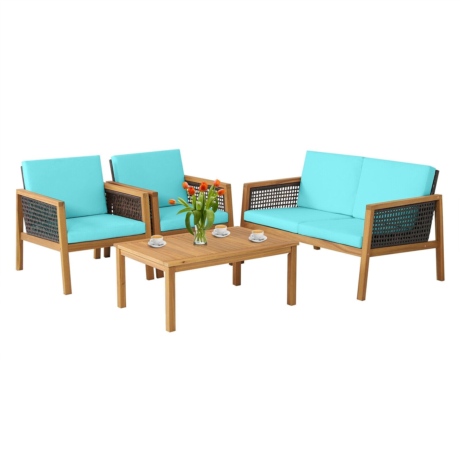 4 Pieces Patio Rattan Furniture Set with Removable Cushions, Turquoise Patio Conversation Sets   at Gallery Canada