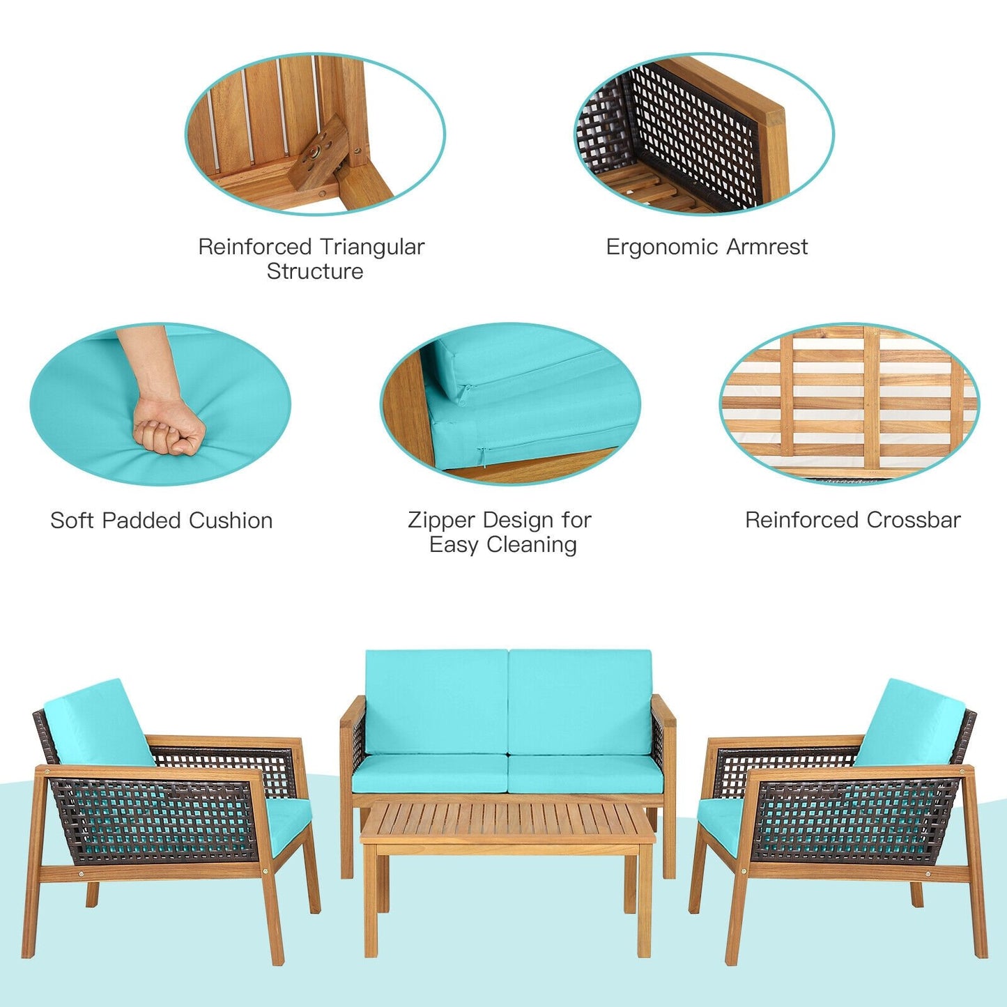 4 Pieces Patio Rattan Furniture Set with Removable Cushions, Turquoise Patio Conversation Sets   at Gallery Canada