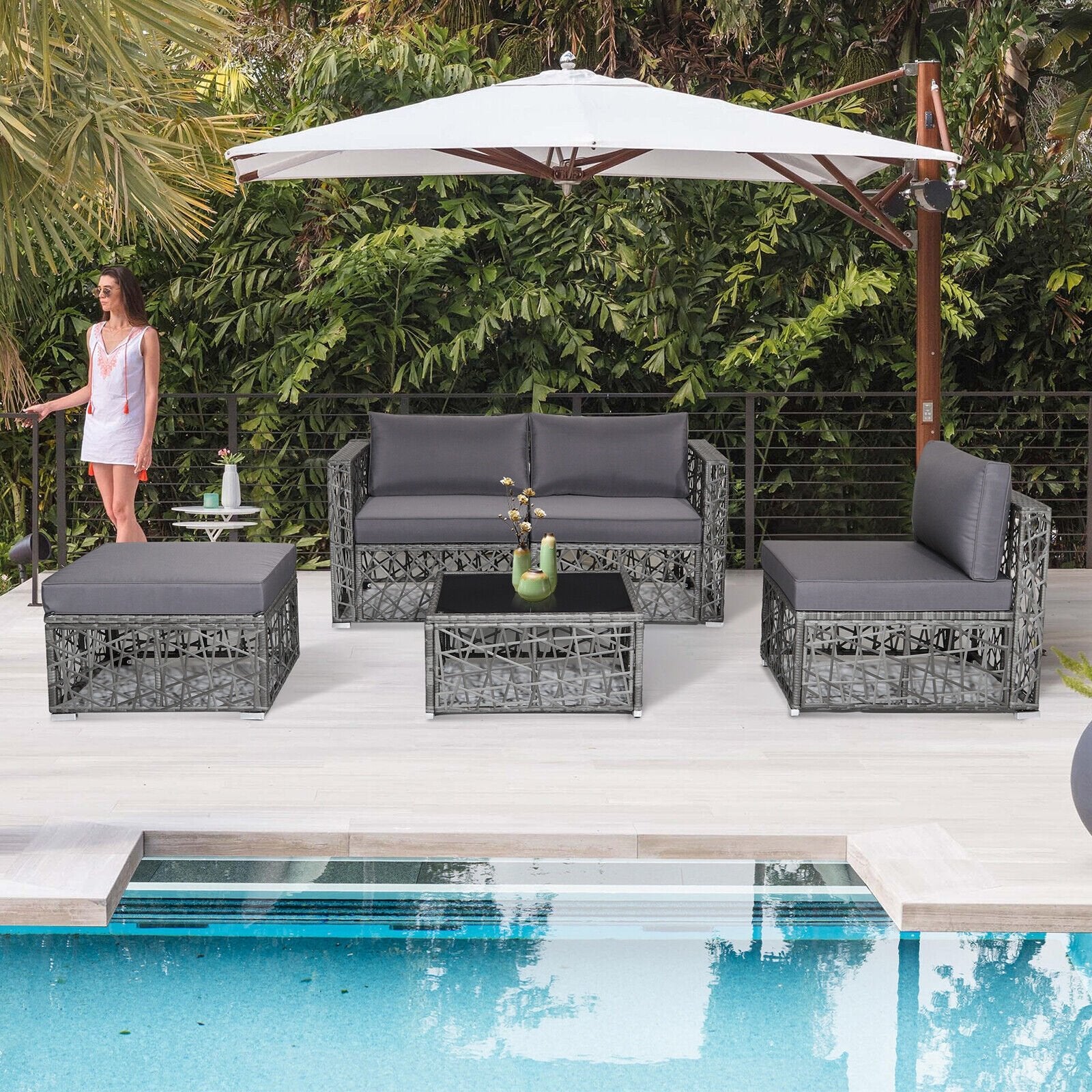 5 Pieces Patio PE Rattan Wicker Sofa Furniture Set, Gray Outdoor Sectionals   at Gallery Canada