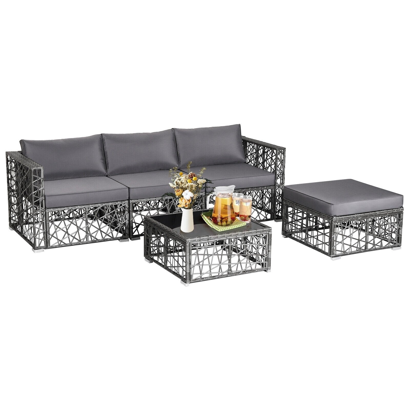 5 Pieces Patio PE Rattan Wicker Sofa Furniture Set, Gray Outdoor Sectionals   at Gallery Canada