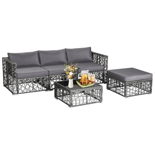 5 Pieces Patio PE Rattan Wicker Sofa Furniture Set, Gray