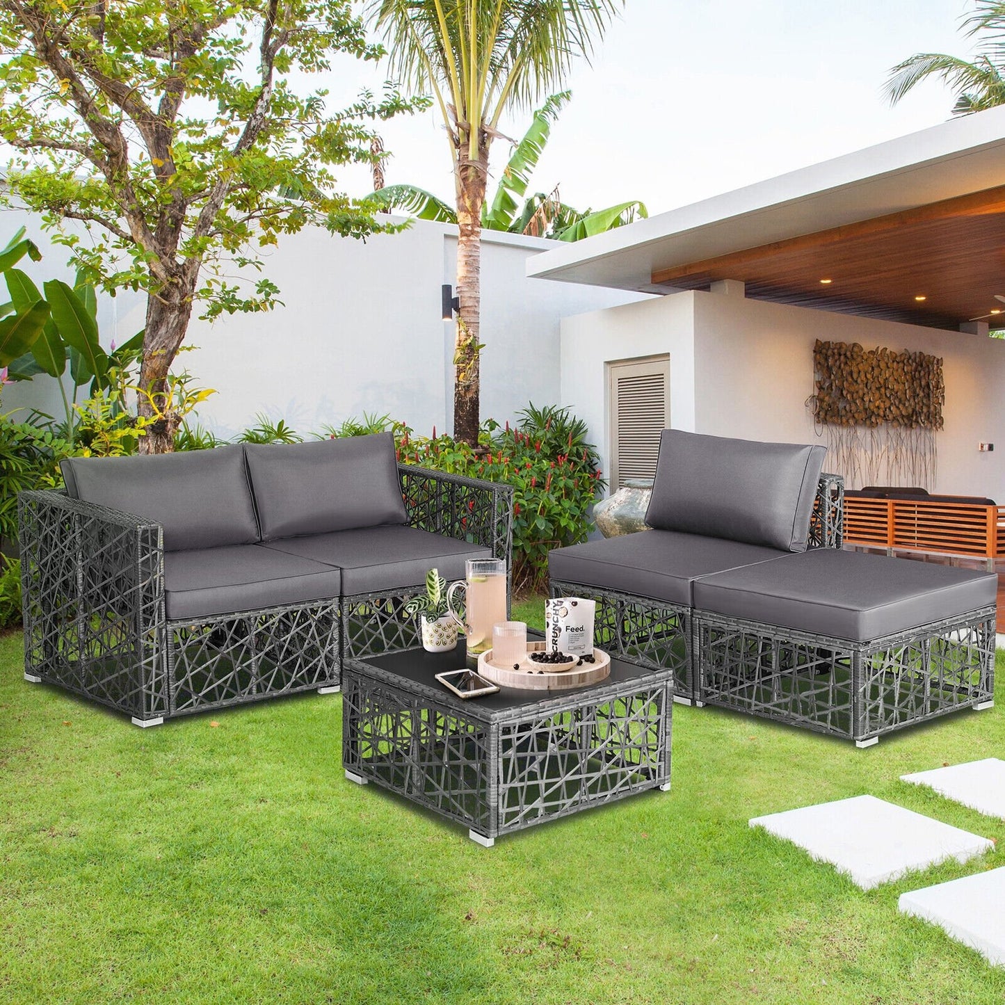 5 Pieces Patio PE Rattan Wicker Sofa Furniture Set, Gray Outdoor Sectionals   at Gallery Canada