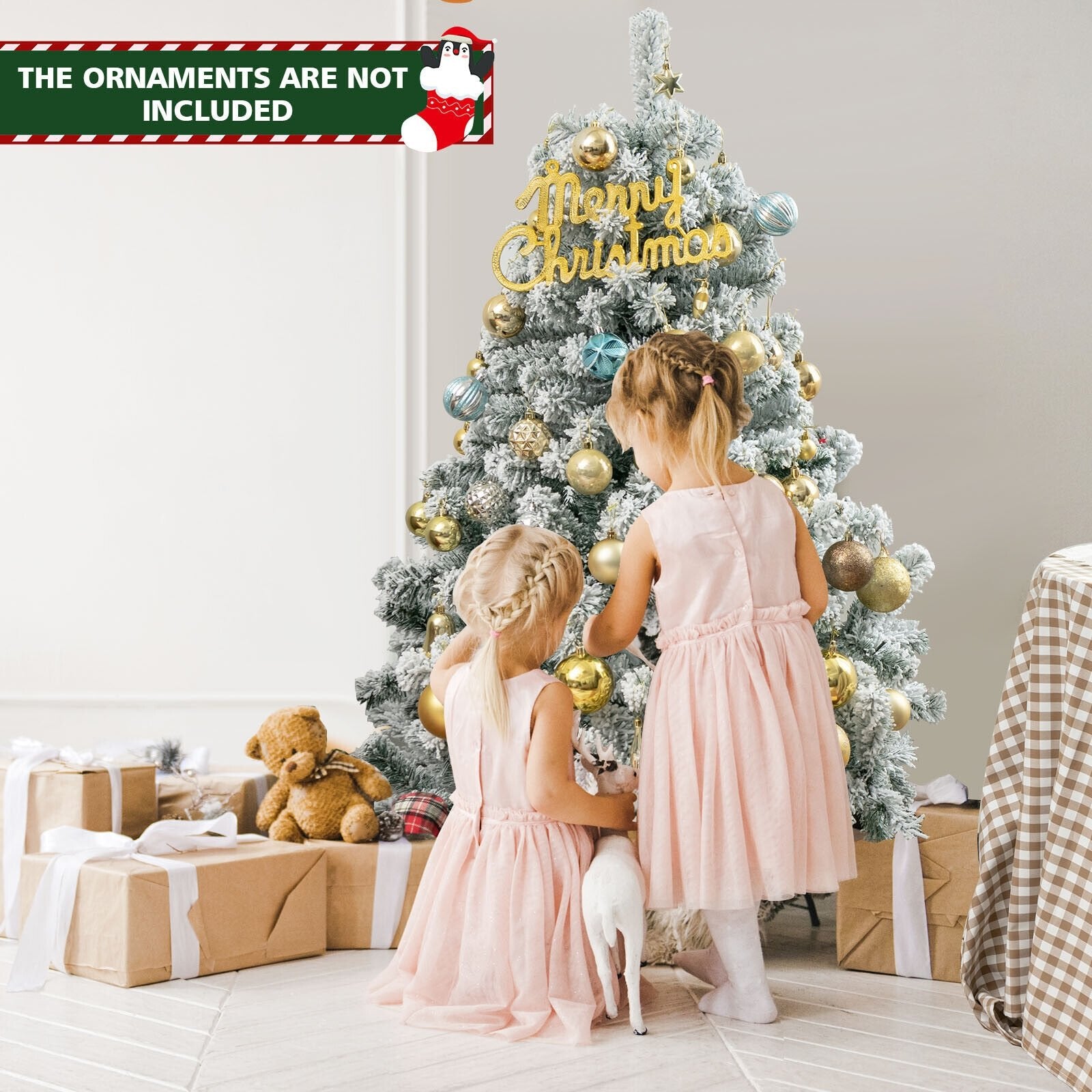 4.5 Feet Pre-Lit Premium Snow Flocked Christmas Tree with 150 Lights, Multicolor Christmas Tree   at Gallery Canada