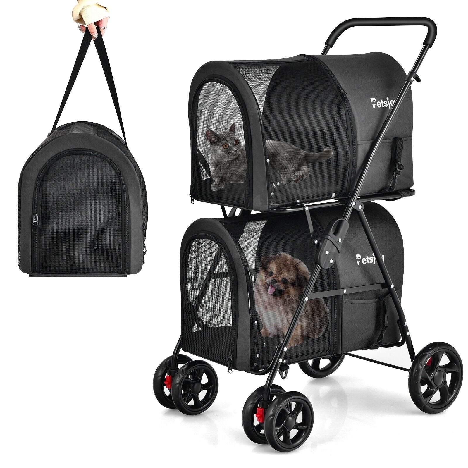 4-in-1 Double Pet Stroller with Detachable Carrier and Travel Carriage, Black Dog Supplies   at Gallery Canada