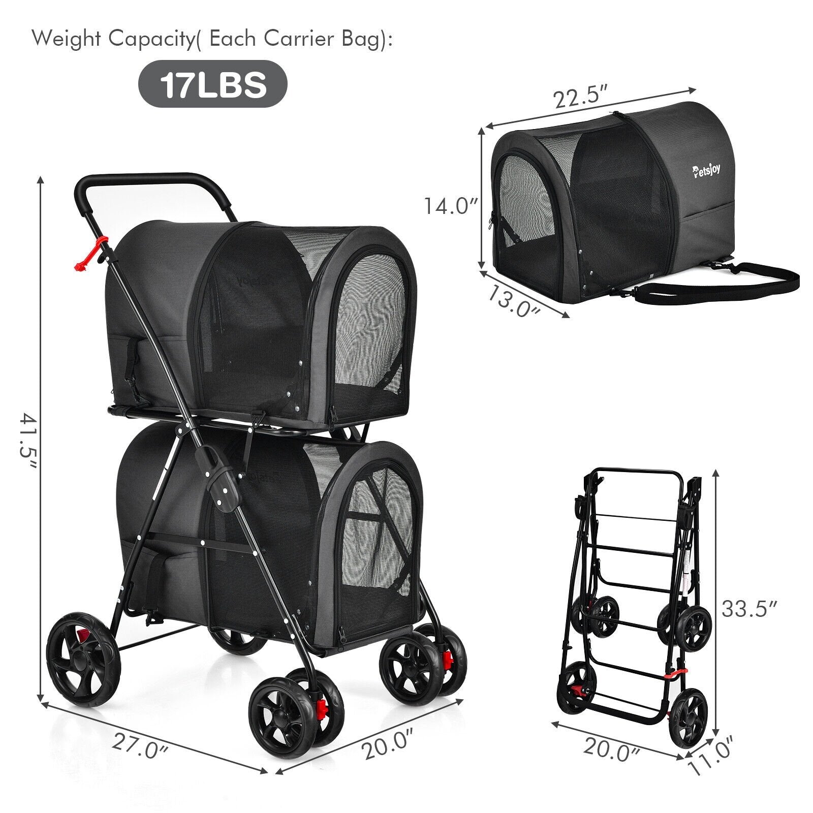 4-in-1 Double Pet Stroller with Detachable Carrier and Travel Carriage, Black Dog Supplies   at Gallery Canada