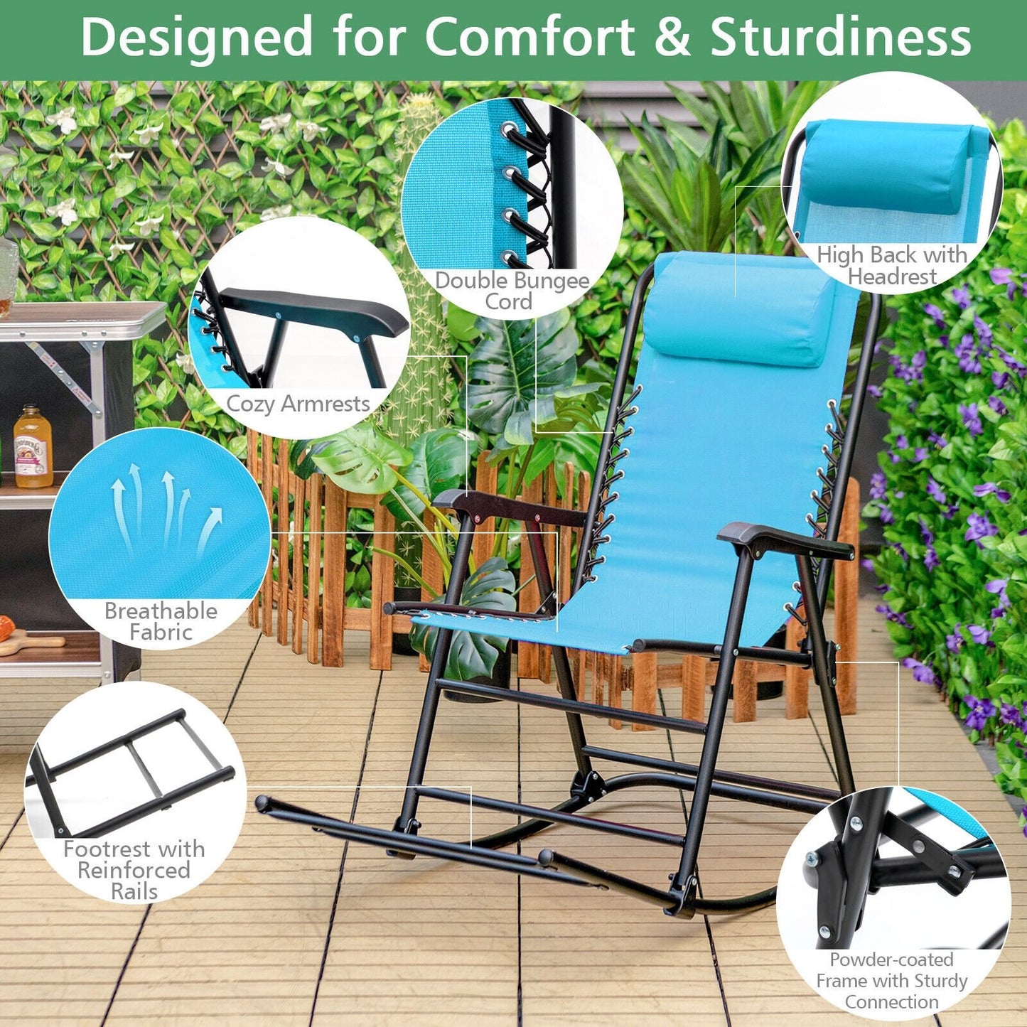 Outdoor Patio Camping Lightweight Folding Rocking Chair with Footrest , Navy Patio Rocking Chairs & Gliders   at Gallery Canada