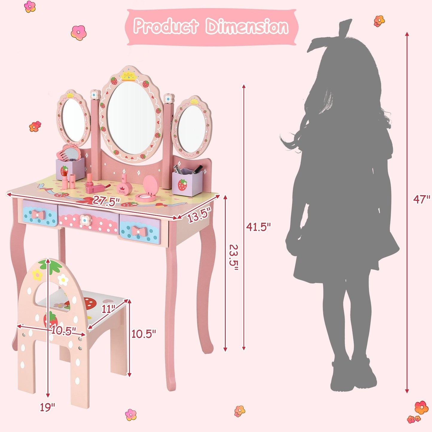 Kids Vanity Princess Makeup Dressing Table Chair Set with Tri-fold Mirror, Pink - Gallery Canada