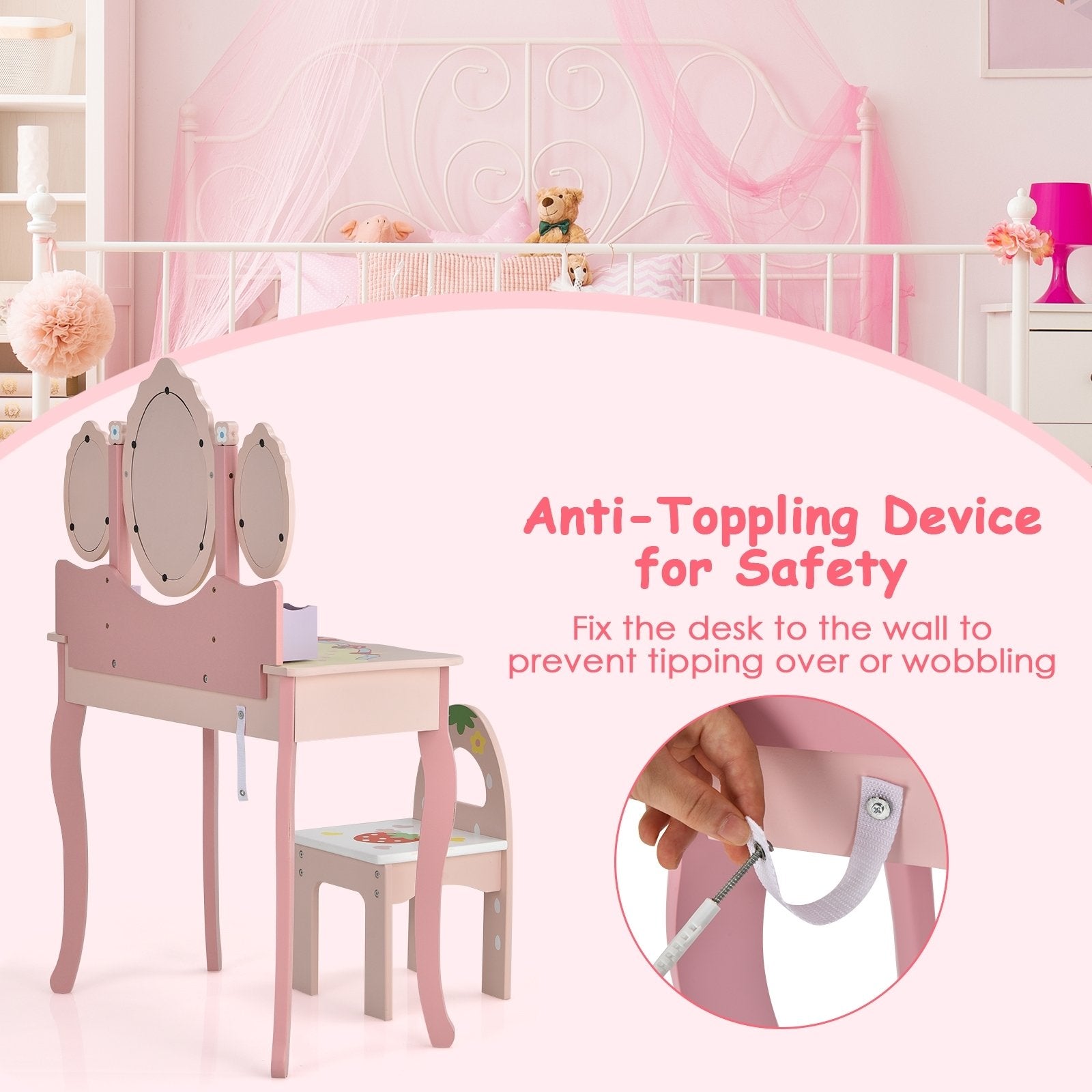 Kids Vanity Princess Makeup Dressing Table Chair Set with Tri-fold Mirror, Pink - Gallery Canada
