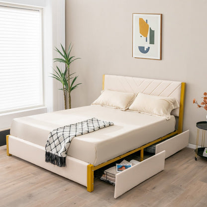 Full Size/Queen Size Upholstered Bed Frame with Adjustable Headboard and 4 Drawers-Full Size, Beige - Gallery Canada