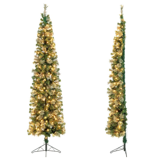 7 Feet Half Christmas Tree with Pine Needles and 150 Lights, Green - Gallery Canada