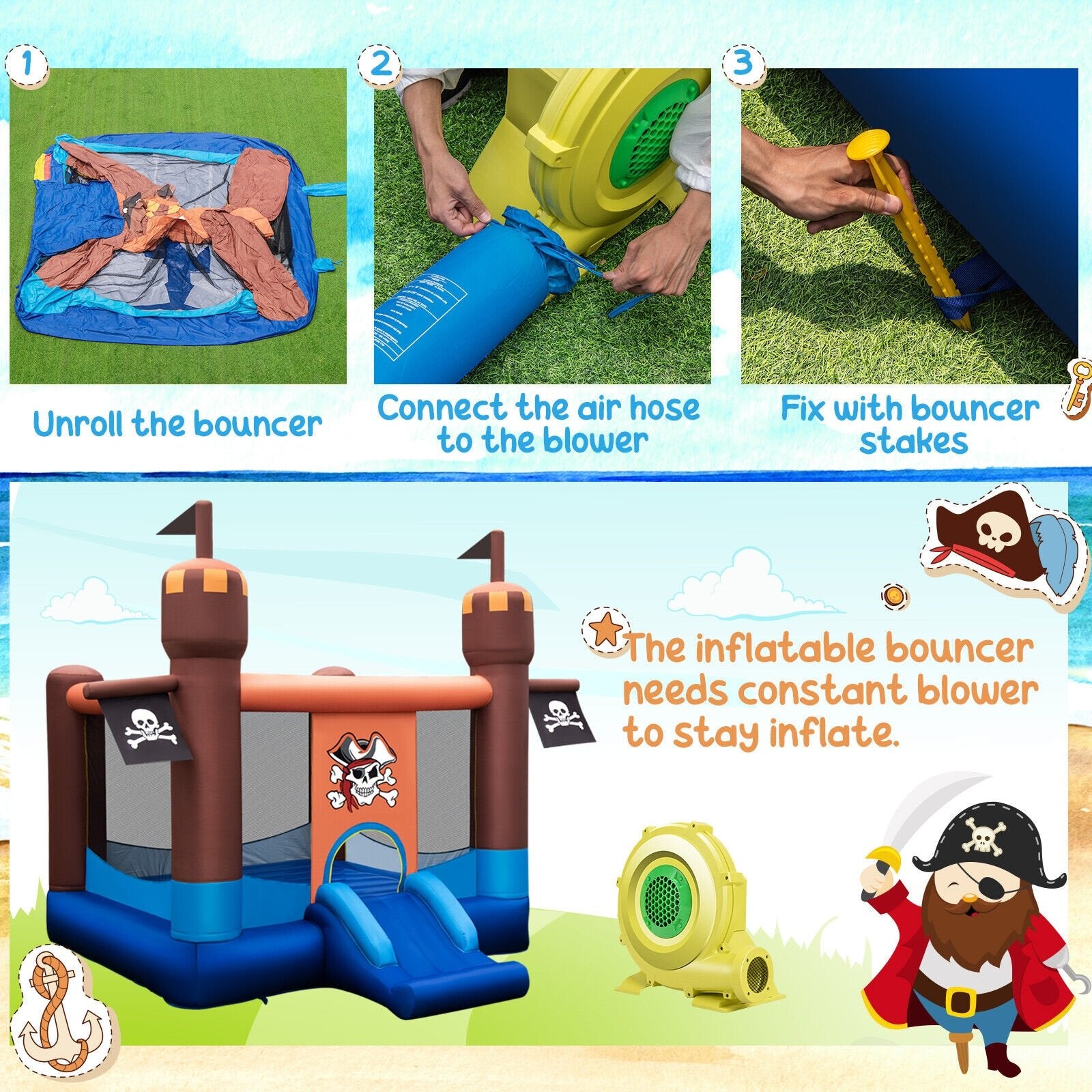 Pirate-Themed Inflatable Bounce Castle with Large Jumping Area and 735W Blower Bounce House   at Gallery Canada