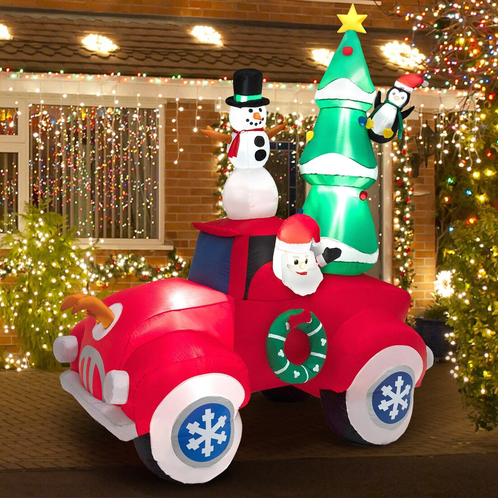 8 Feet Tall Inflatable Santa Claus on Red Truck with LED Lights, Multicolor - Gallery Canada