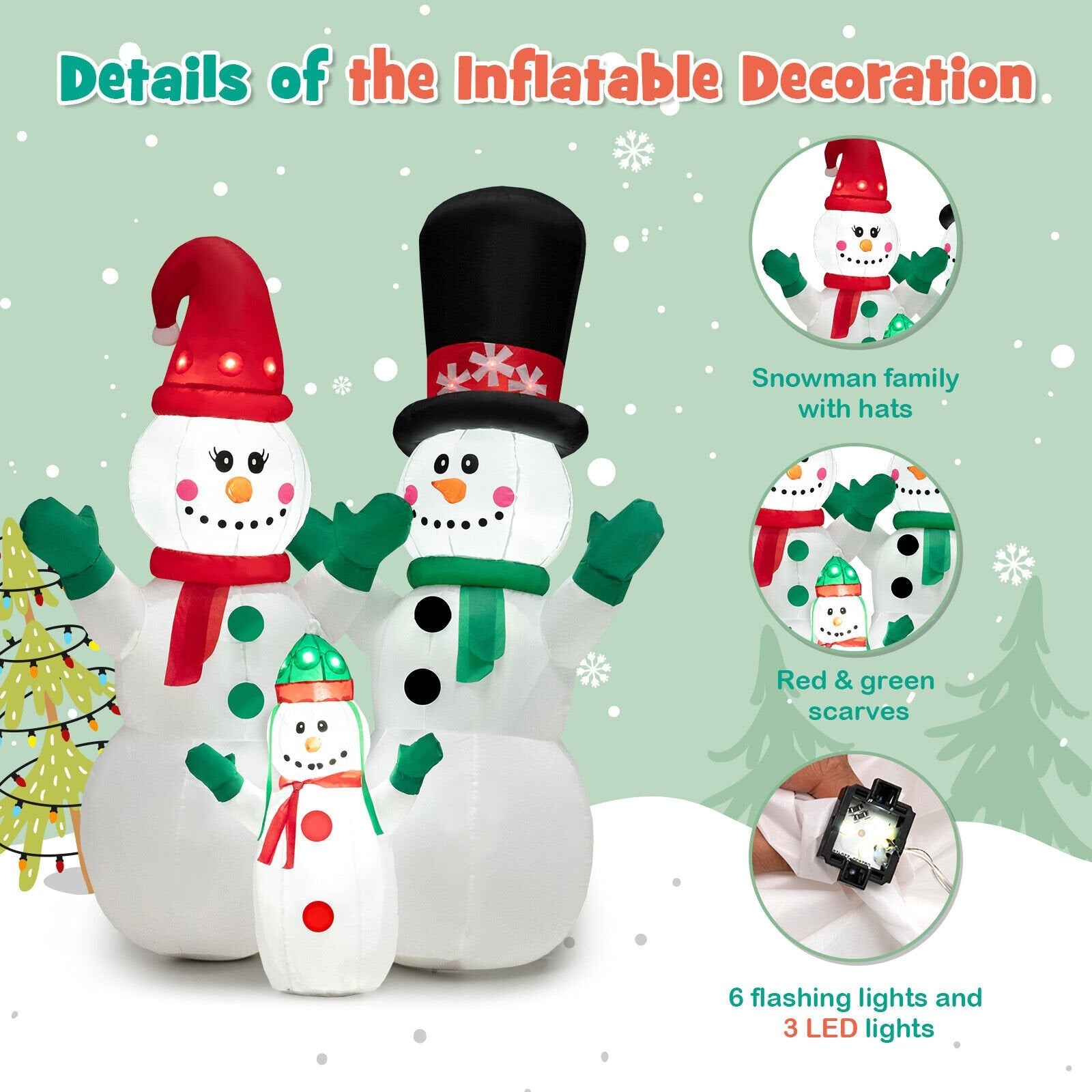 6 Feet Inflatable Christmas Snowman Decoration with LED and Air Blower, Multicolor - Gallery Canada