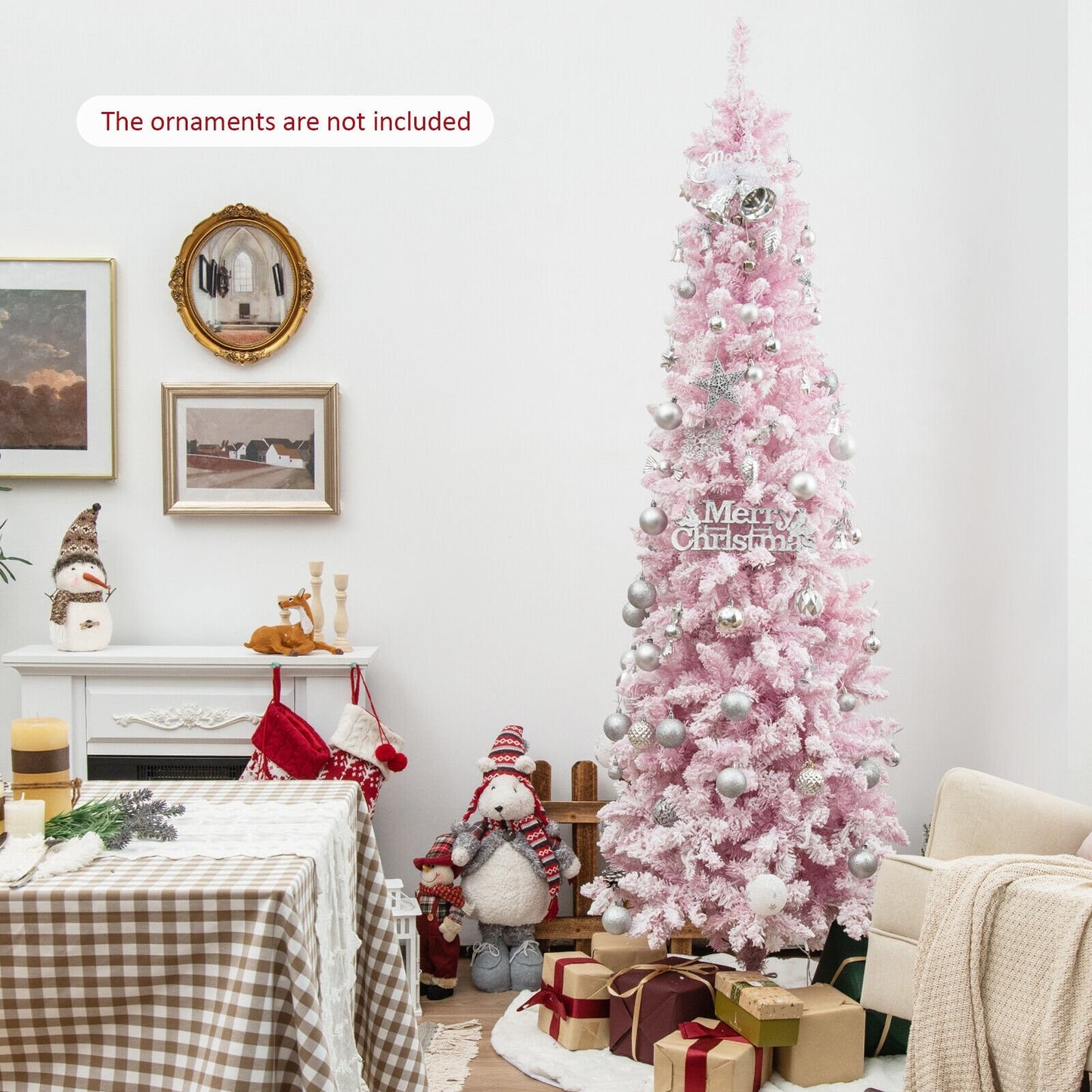 7 Feet Pre-Lit Snow Flocked Hinged Pencil Christmas Tree with 300 Lights and 8 Modes, Pink Christmas Tree   at Gallery Canada