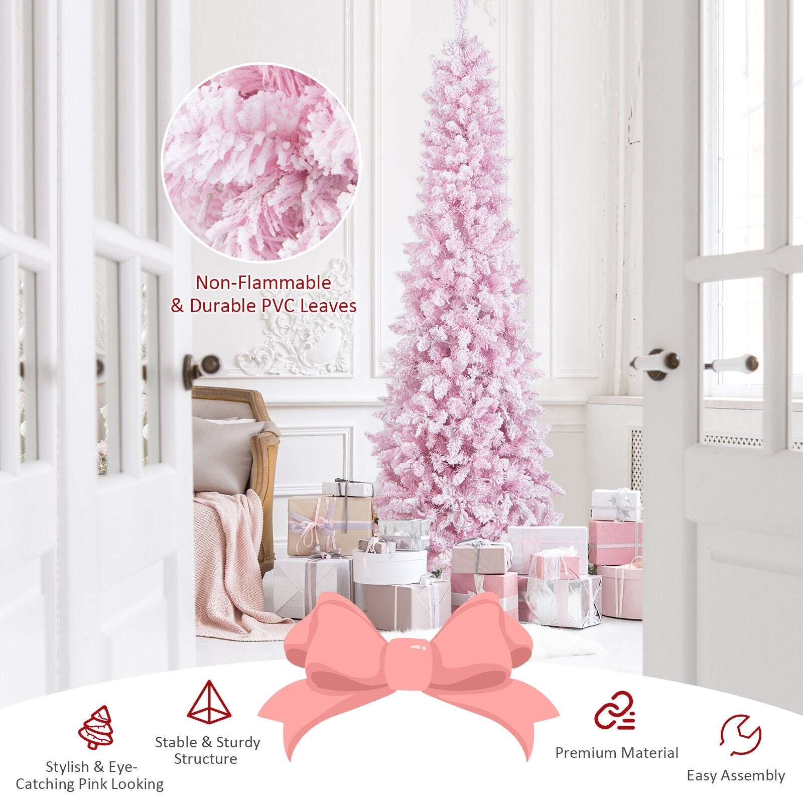 7 Feet Pre-Lit Snow Flocked Hinged Pencil Christmas Tree with 300 Lights and 8 Modes, Pink Christmas Tree   at Gallery Canada