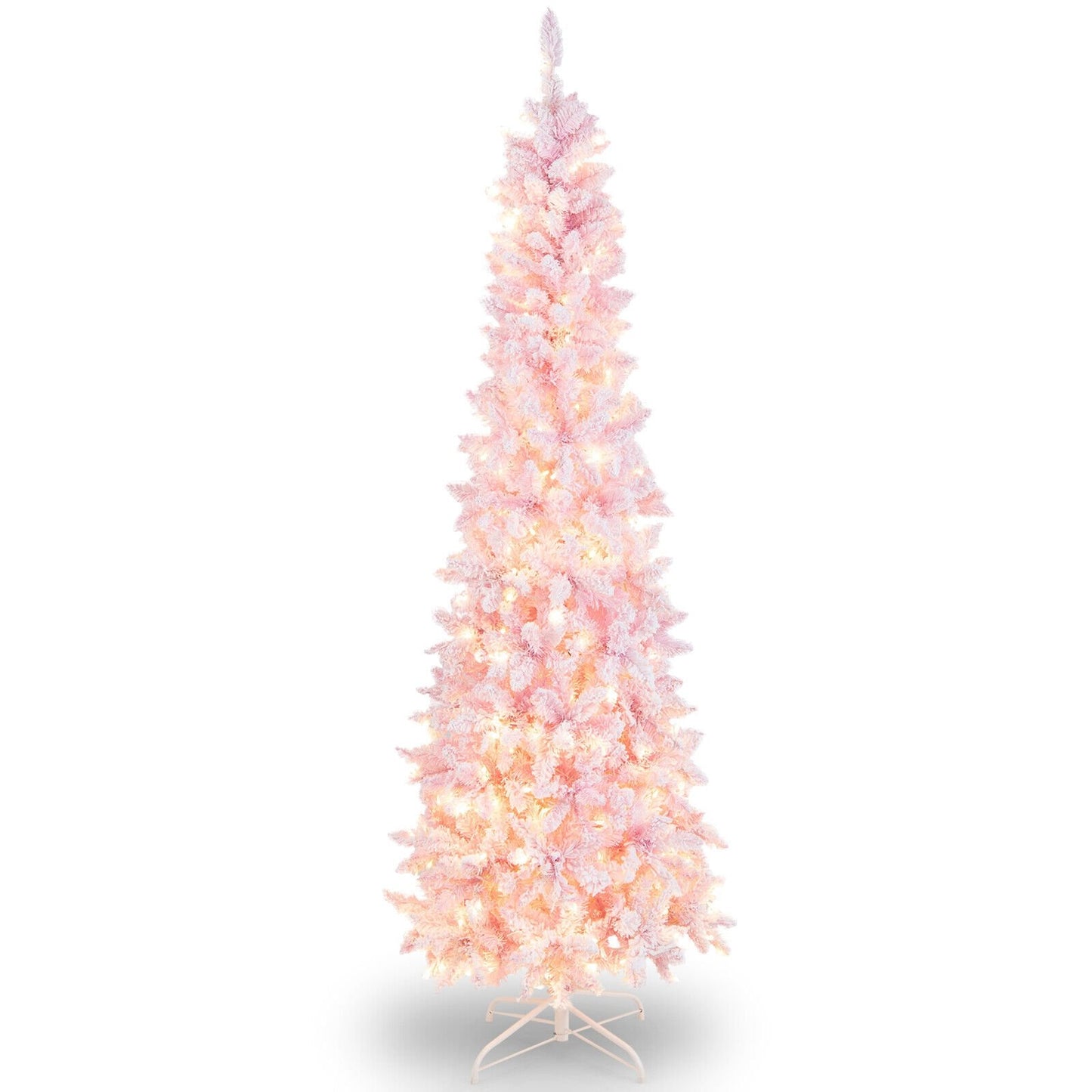 7 Feet Pre-Lit Snow Flocked Hinged Pencil Christmas Tree with 300 Lights and 8 Modes, Pink Christmas Tree   at Gallery Canada