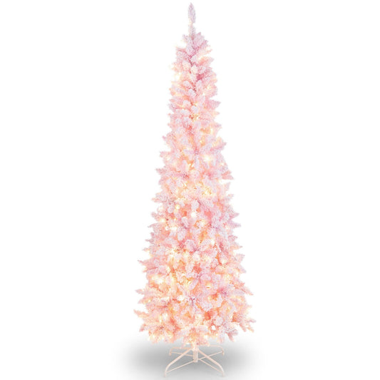 7 Feet Pre-Lit Snow Flocked Hinged Pencil Christmas Tree with 300 Lights and 8 Modes, Pink - Gallery Canada
