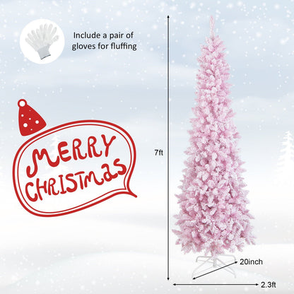 7 Feet Pre-Lit Snow Flocked Hinged Pencil Christmas Tree with 300 Lights and 8 Modes, Pink Christmas Tree   at Gallery Canada