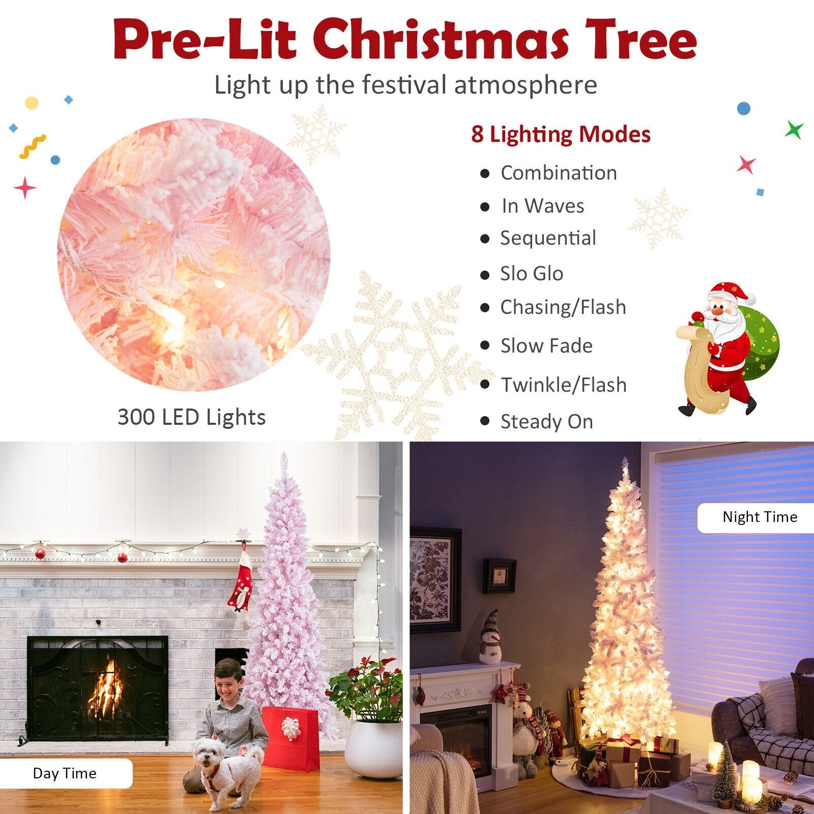 7 Feet Pre-Lit Snow Flocked Hinged Pencil Christmas Tree with 300 Lights and 8 Modes, Pink Christmas Tree   at Gallery Canada