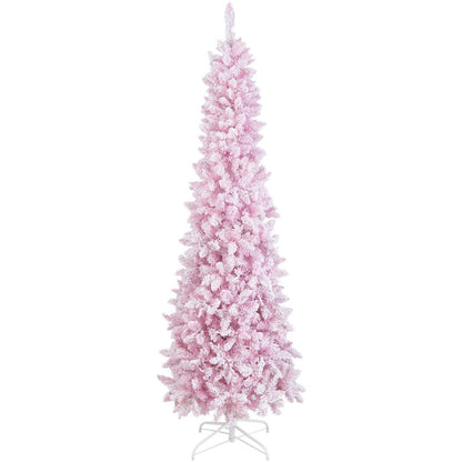 7 Feet Pre-Lit Snow Flocked Hinged Pencil Christmas Tree with 300 Lights and 8 Modes, Pink Christmas Tree   at Gallery Canada