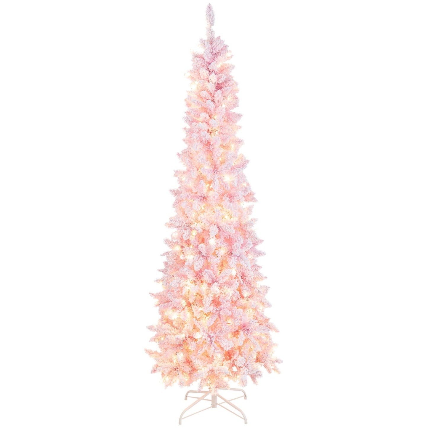 7 Feet Pre-Lit Snow Flocked Hinged Pencil Christmas Tree with 300 Lights and 8 Modes, Pink Christmas Tree   at Gallery Canada