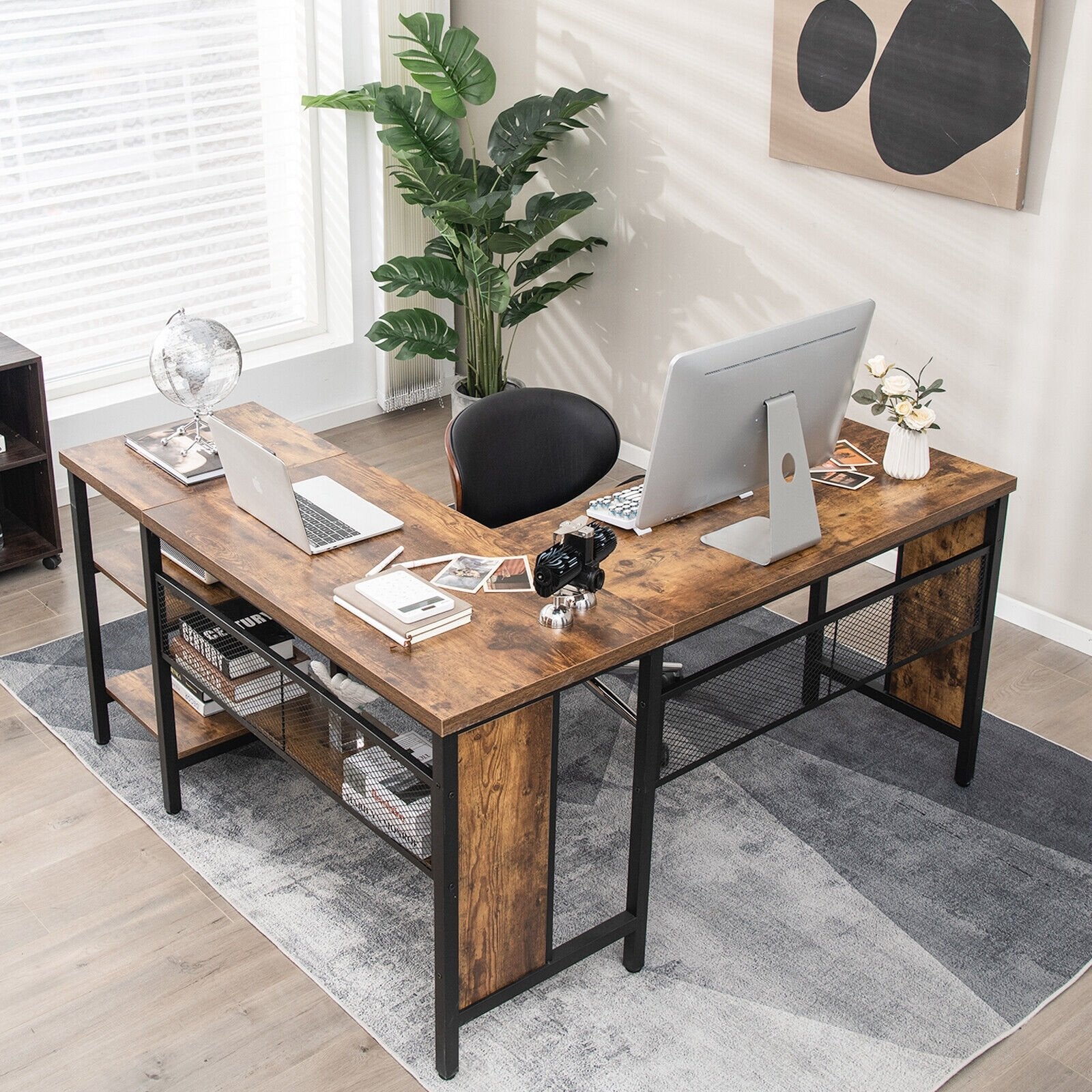 Industrial L-Shaped Corner Computer Desk Office Workstation with Storage Shelves, Rustic Brown L-Shaped Desks   at Gallery Canada