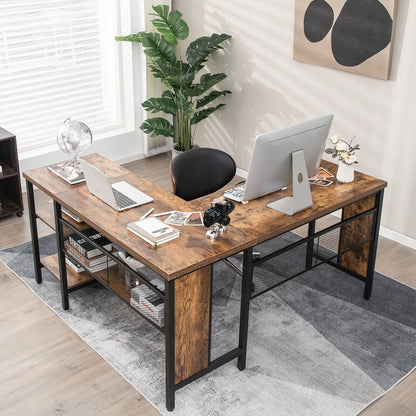 Industrial L-Shaped Corner Computer Desk Office Workstation with Storage Shelves, Rustic Brown L-Shaped Desks   at Gallery Canada