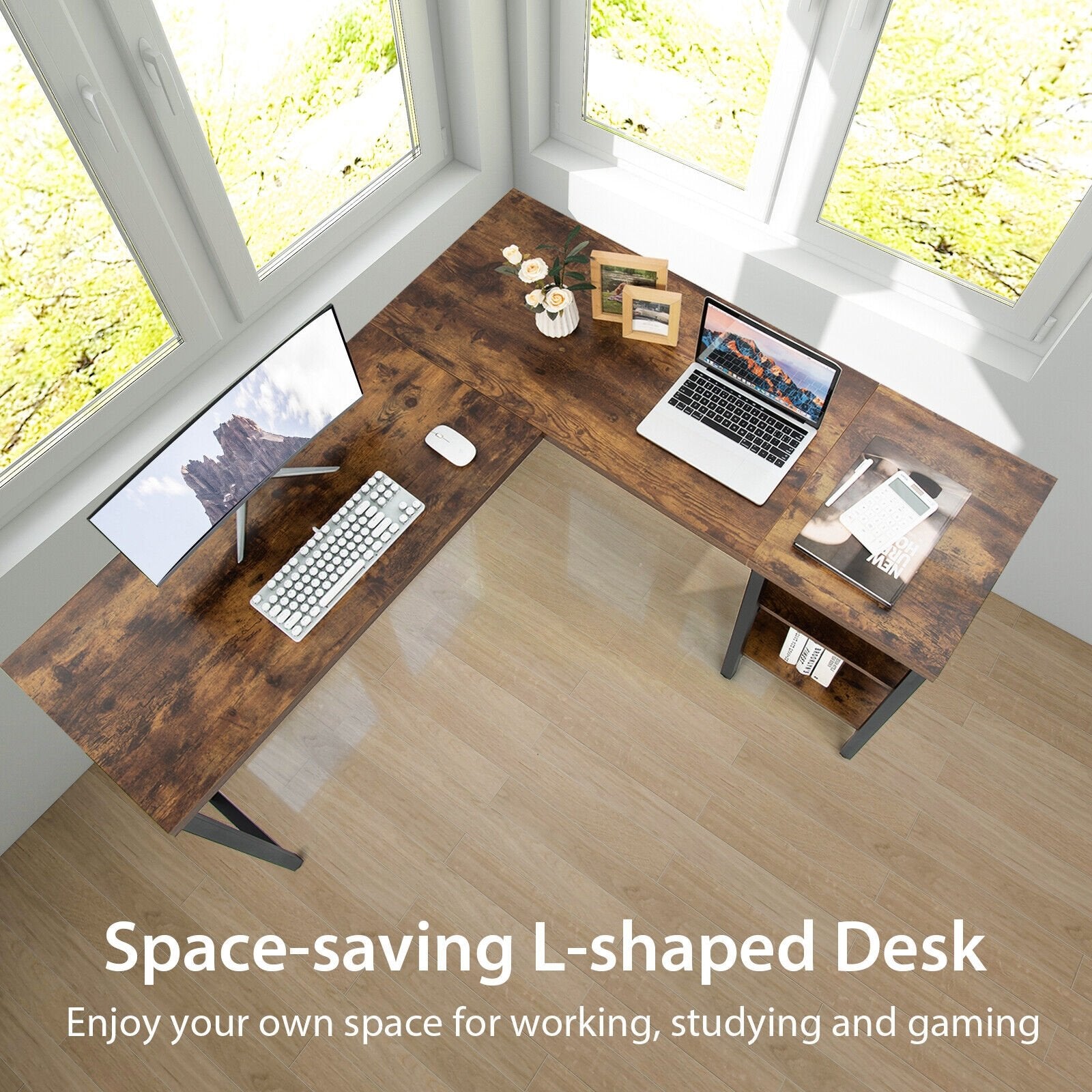 Industrial L-Shaped Corner Computer Desk Office Workstation with Storage Shelves, Rustic Brown L-Shaped Desks   at Gallery Canada