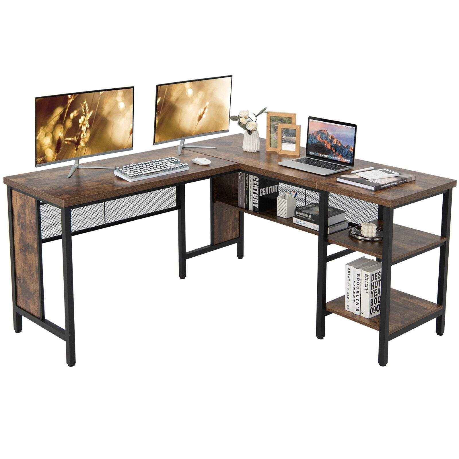 Industrial L-Shaped Corner Computer Desk Office Workstation with Storage Shelves, Rustic Brown L-Shaped Desks   at Gallery Canada