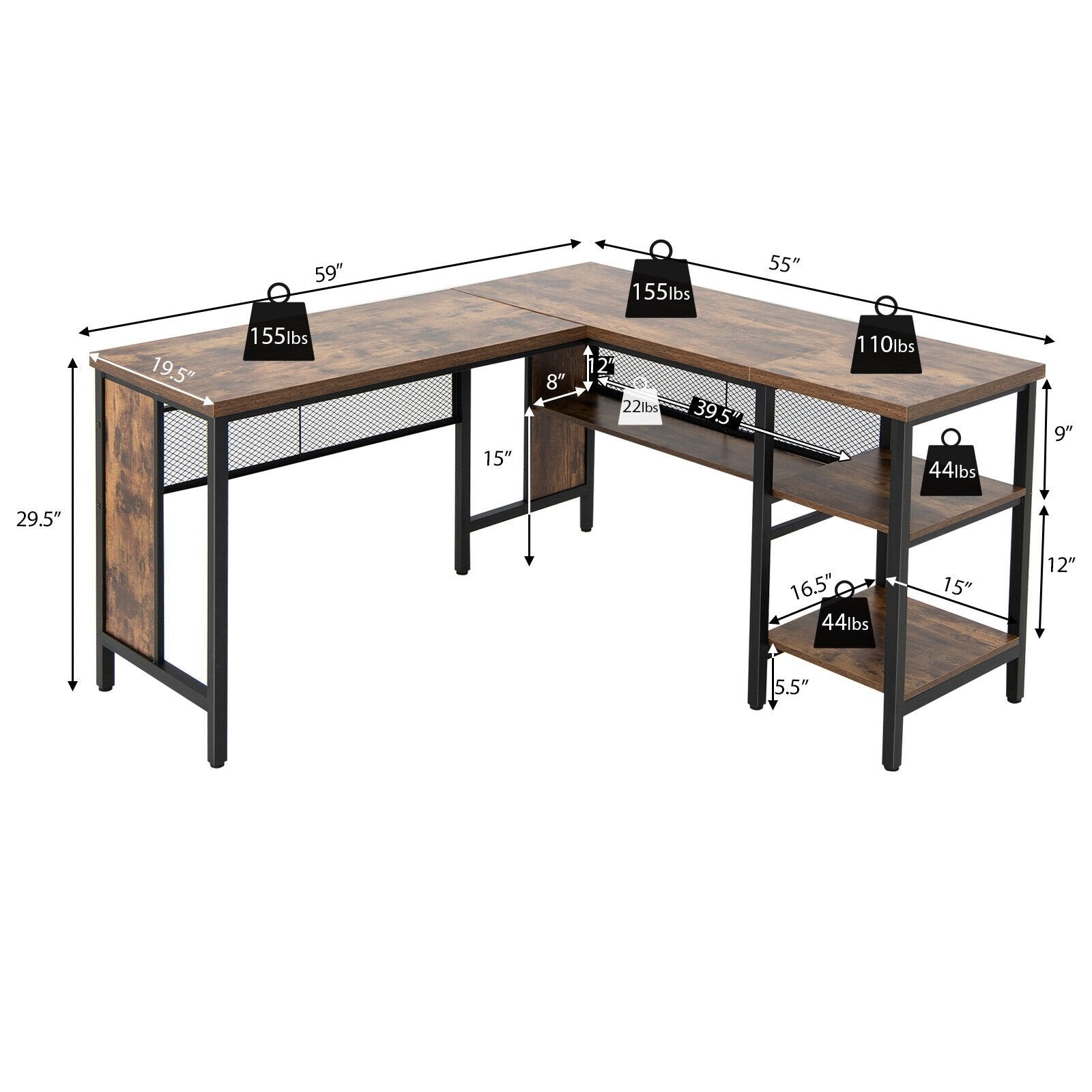 Industrial L-Shaped Corner Computer Desk Office Workstation with Storage Shelves, Rustic Brown L-Shaped Desks   at Gallery Canada