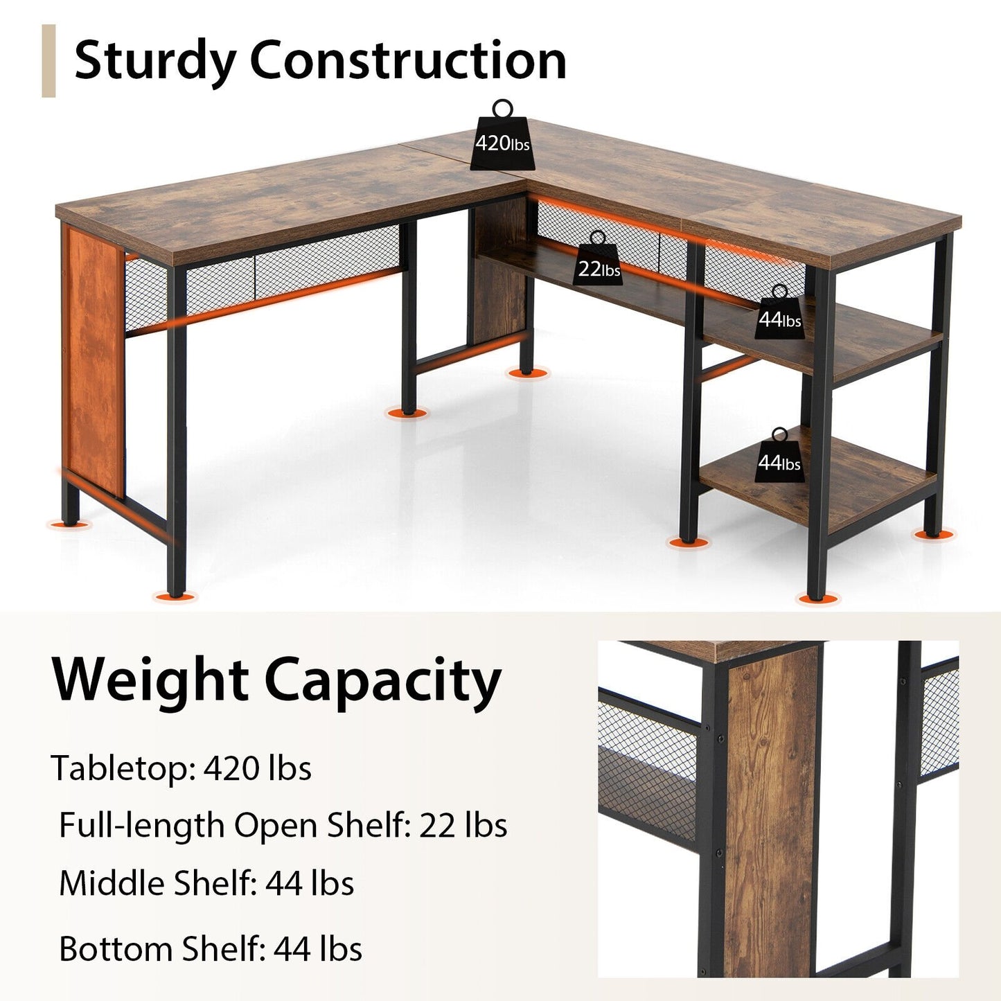 Industrial L-Shaped Corner Computer Desk Office Workstation with Storage Shelves, Rustic Brown L-Shaped Desks   at Gallery Canada