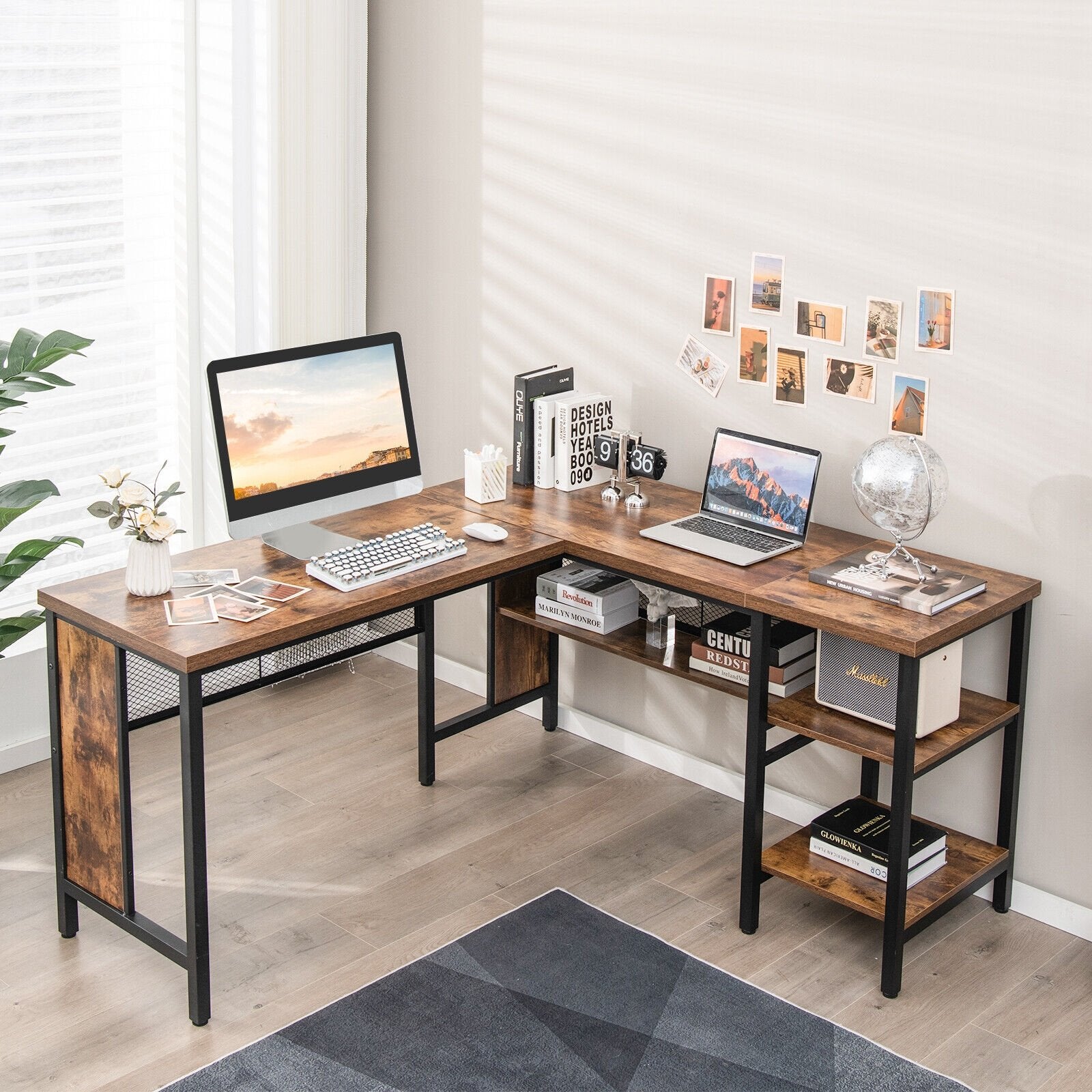 Industrial L-Shaped Corner Computer Desk Office Workstation with Storage Shelves, Rustic Brown L-Shaped Desks   at Gallery Canada