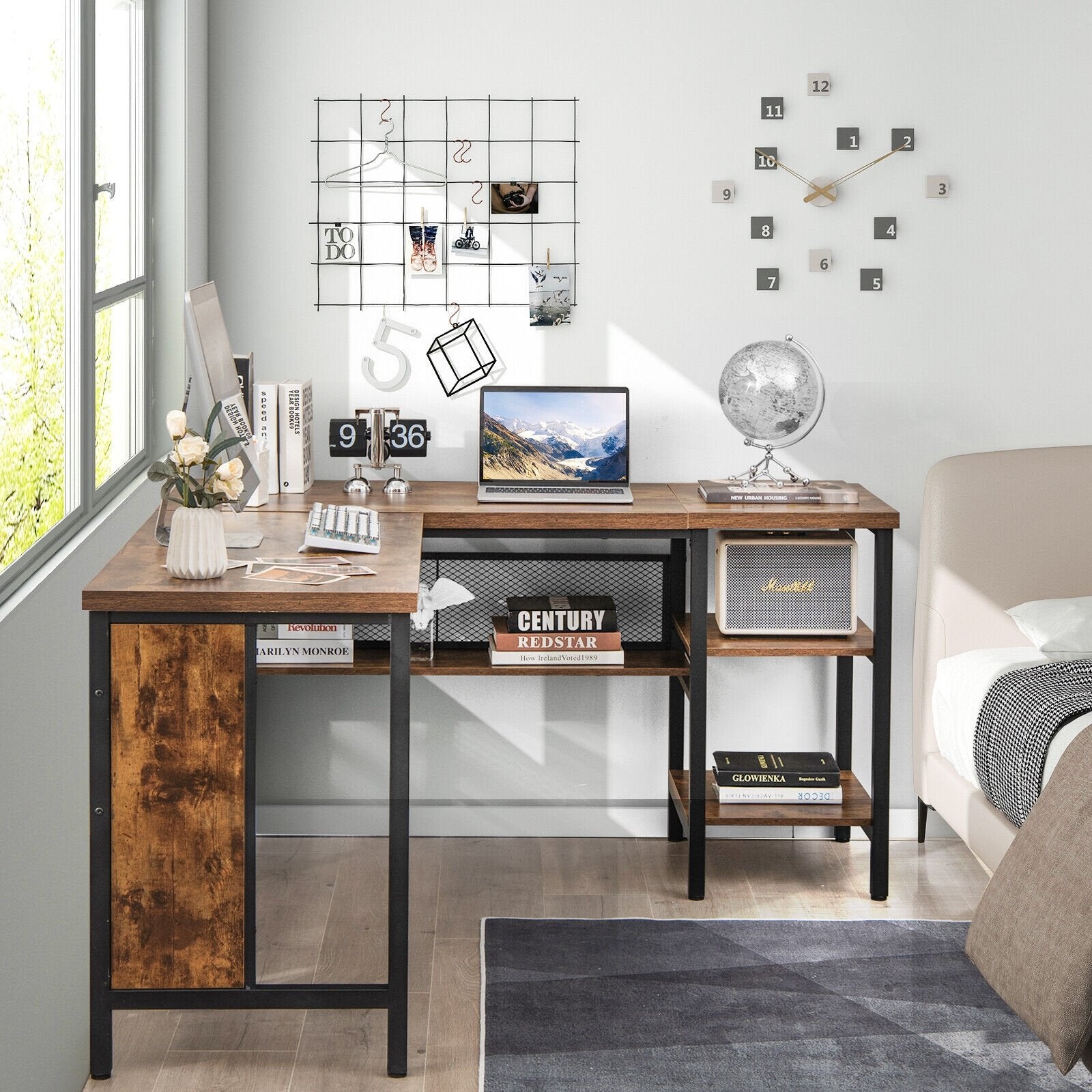 Industrial L-Shaped Corner Computer Desk Office Workstation with Storage Shelves, Rustic Brown L-Shaped Desks   at Gallery Canada