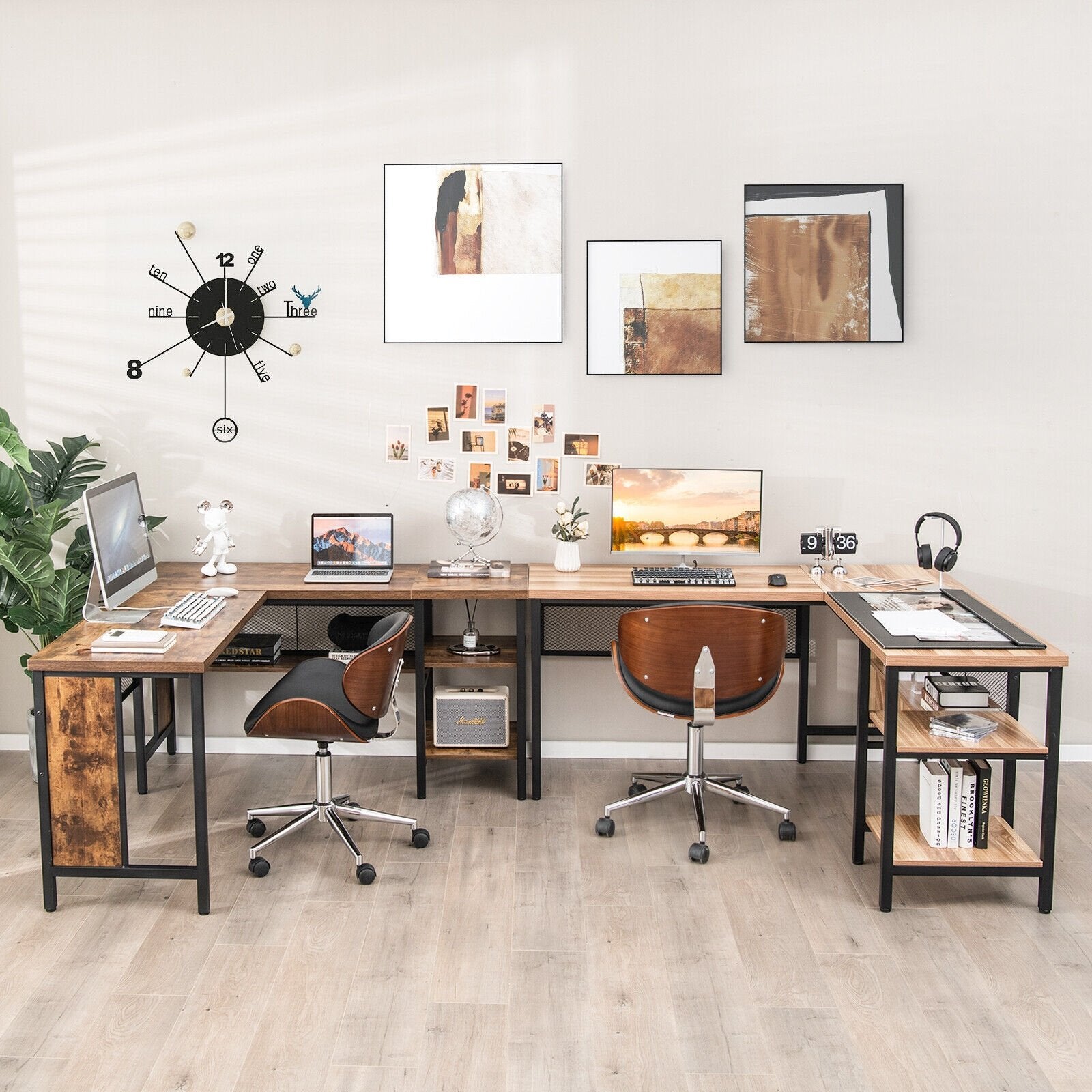 Industrial L-Shaped Corner Computer Desk Office Workstation with Storage Shelves, Rustic Brown L-Shaped Desks   at Gallery Canada