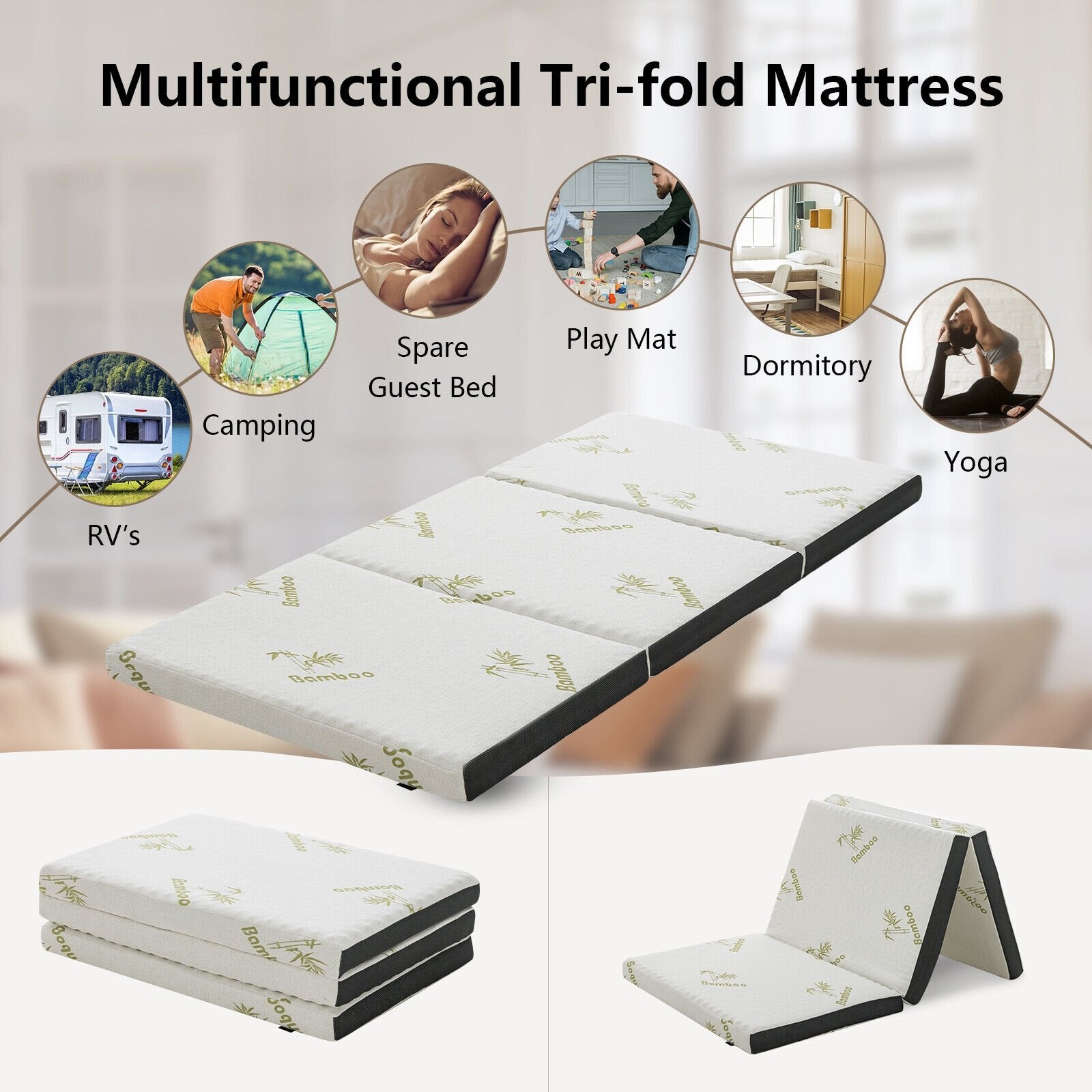 Queen 3 Inch Tri-fold Memory Foam Floor Mattress Topper Portable with Carrying Bag-S, White Mattresses   at Gallery Canada