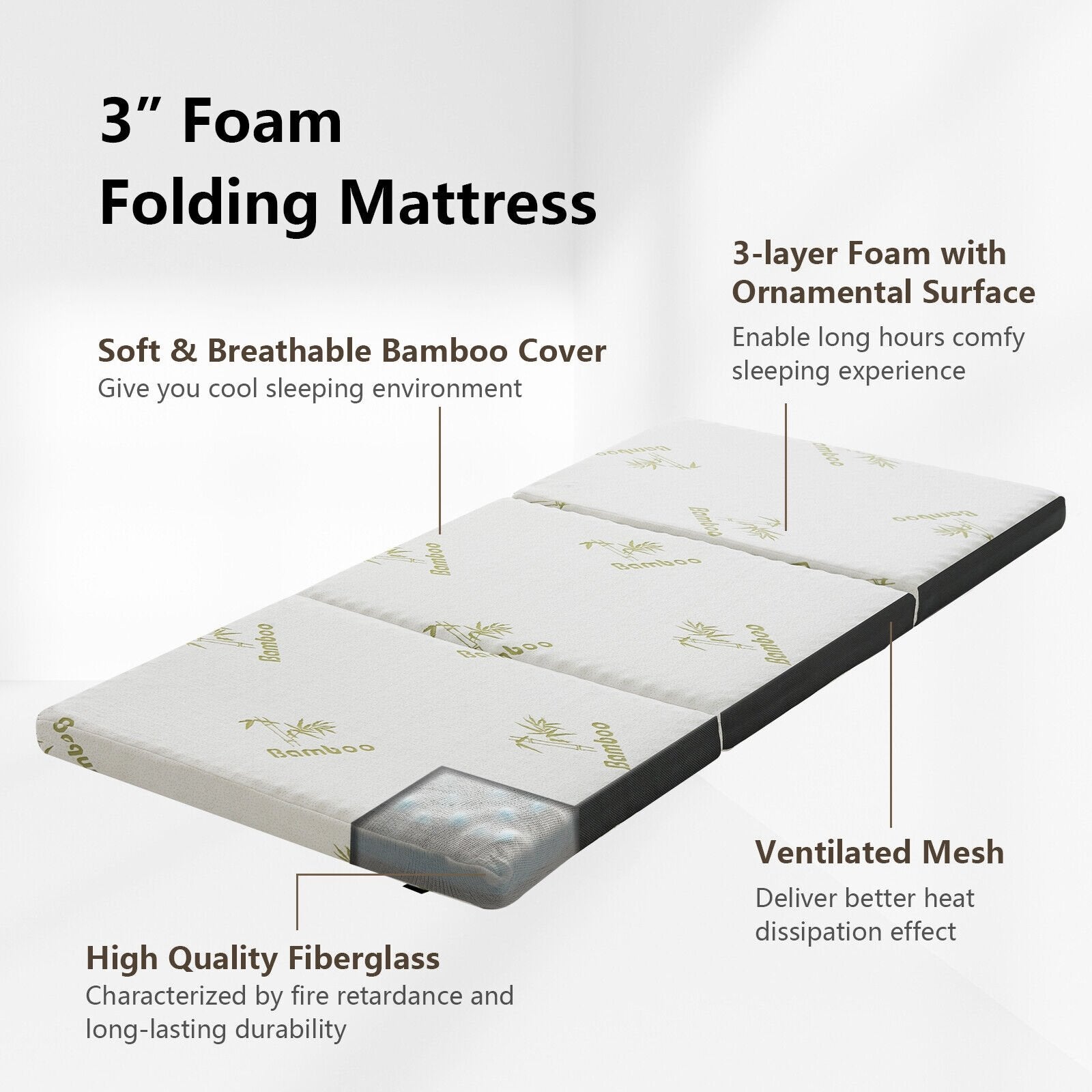 Queen 3 Inch Tri-fold Memory Foam Floor Mattress Topper Portable with Carrying Bag-S, White Mattresses   at Gallery Canada