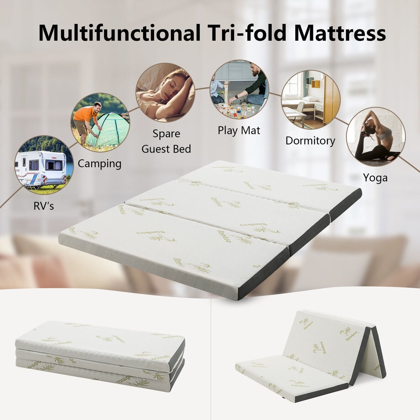 Queen 3 Inch Tri-fold Memory Foam Floor Mattress Topper Portable with Carrying Bag-M, White - Gallery Canada