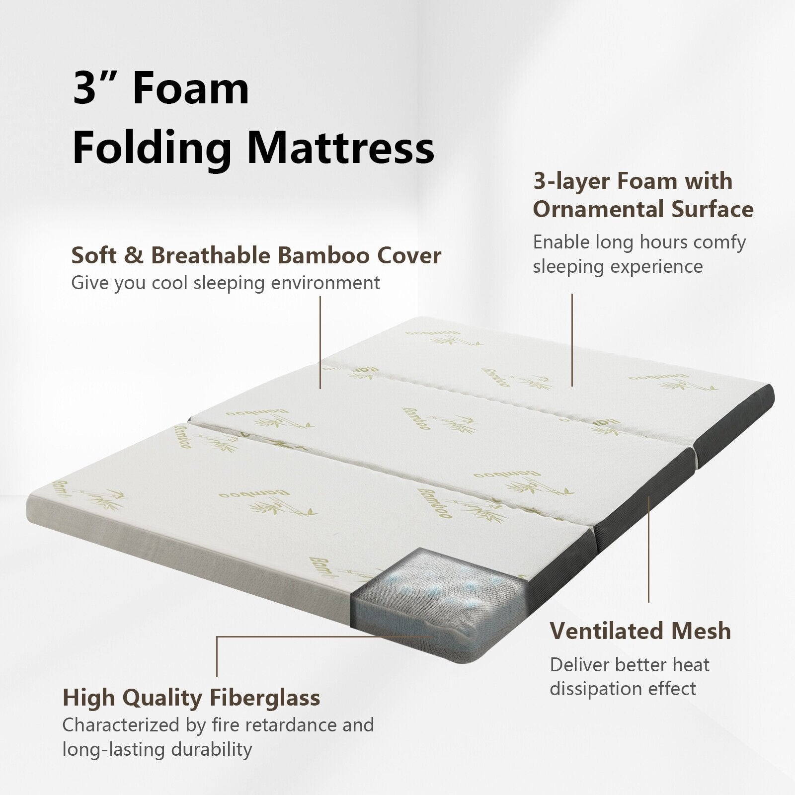 Queen 3 Inch Tri-fold Memory Foam Floor Mattress Topper Portable with Carrying Bag-M, White - Gallery Canada