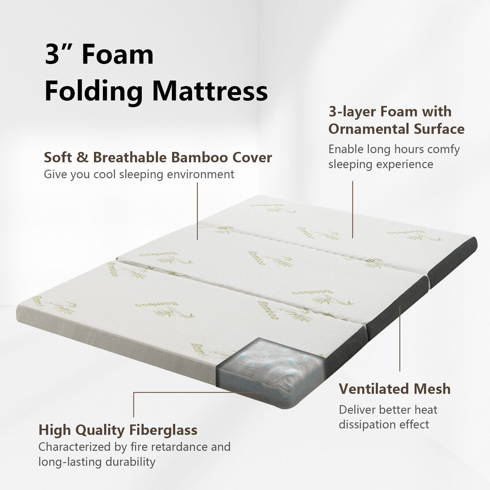 Queen 3 Inch Tri-fold Memory Foam Floor Mattress Topper Portable with Carrying Bag-M, White Mattresses   at Gallery Canada